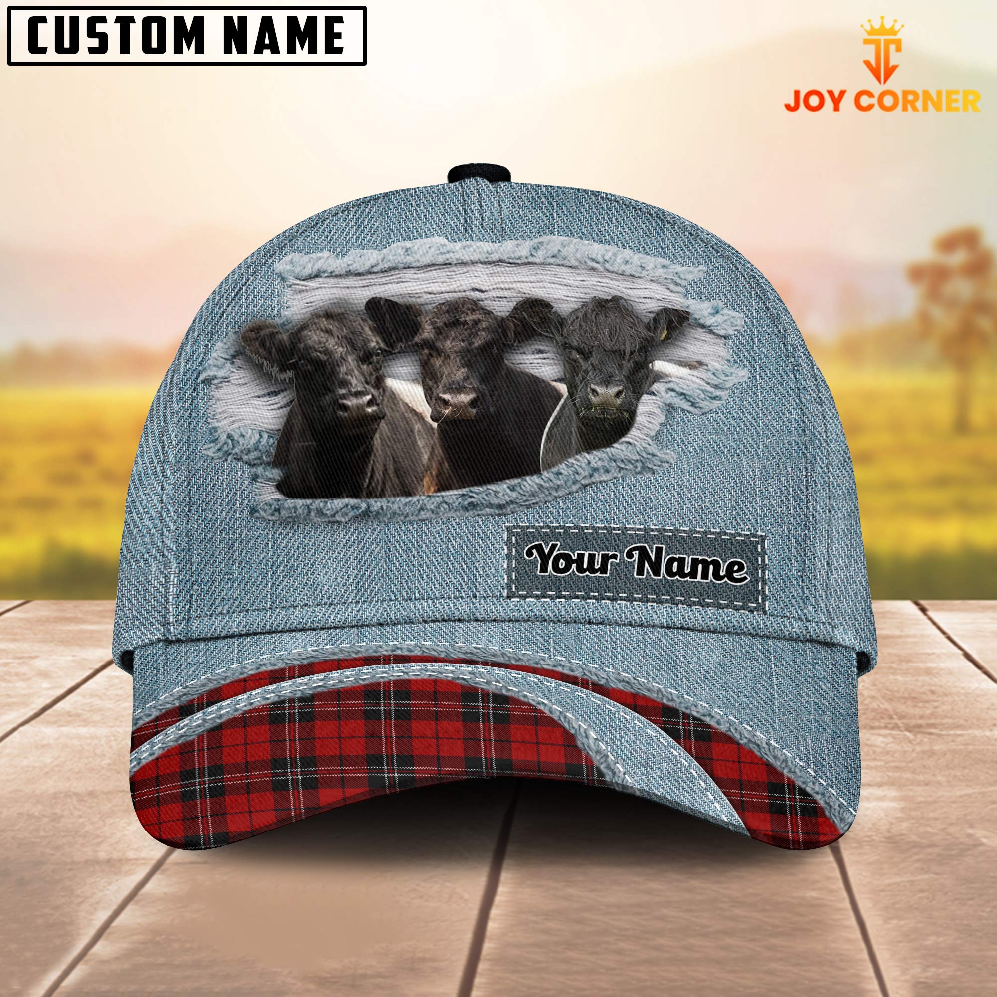 Belted Galloway Red Caro And Jeans Pattern Customized Name Cap