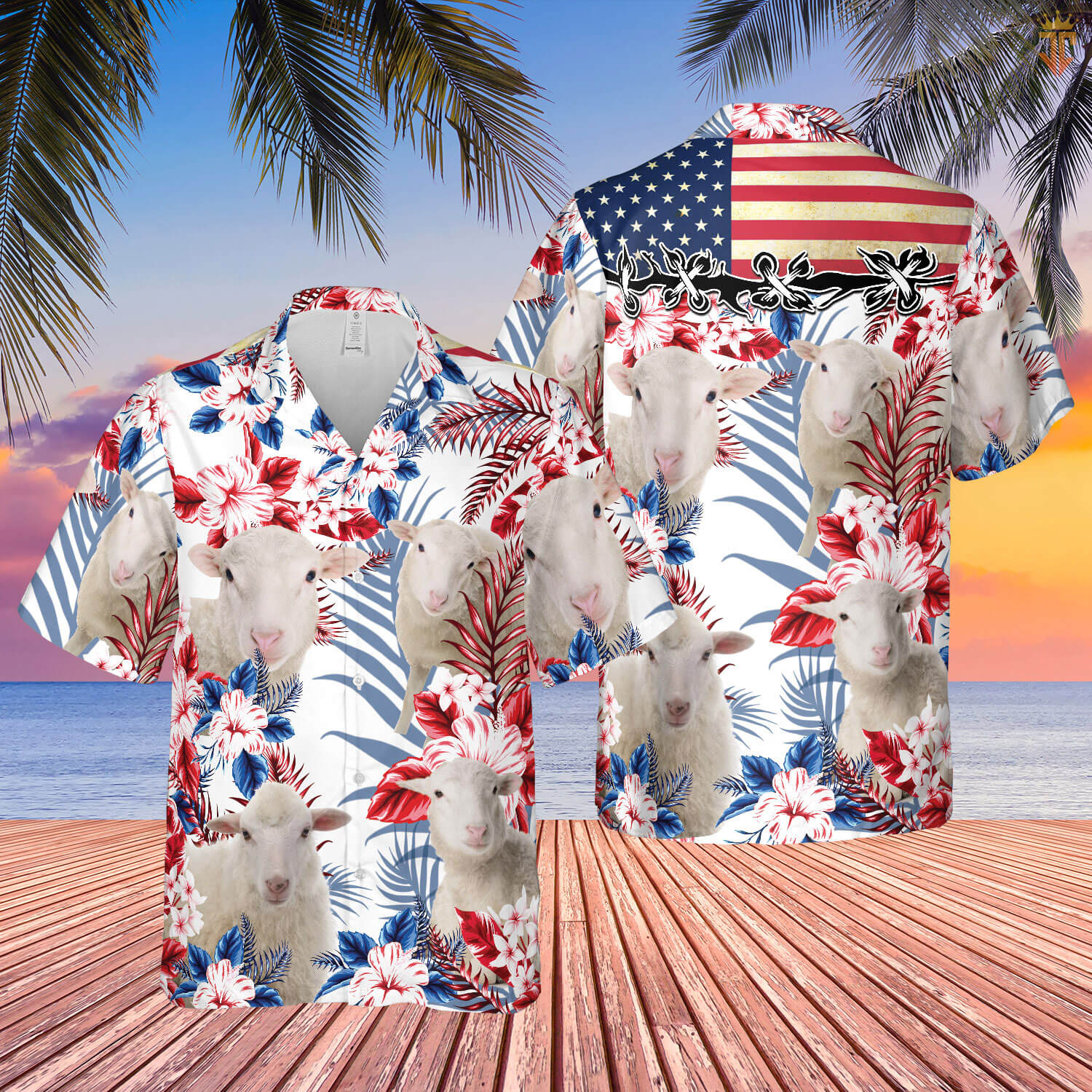 Unique Sheep American Flag Flowers Hawaiian Shirt