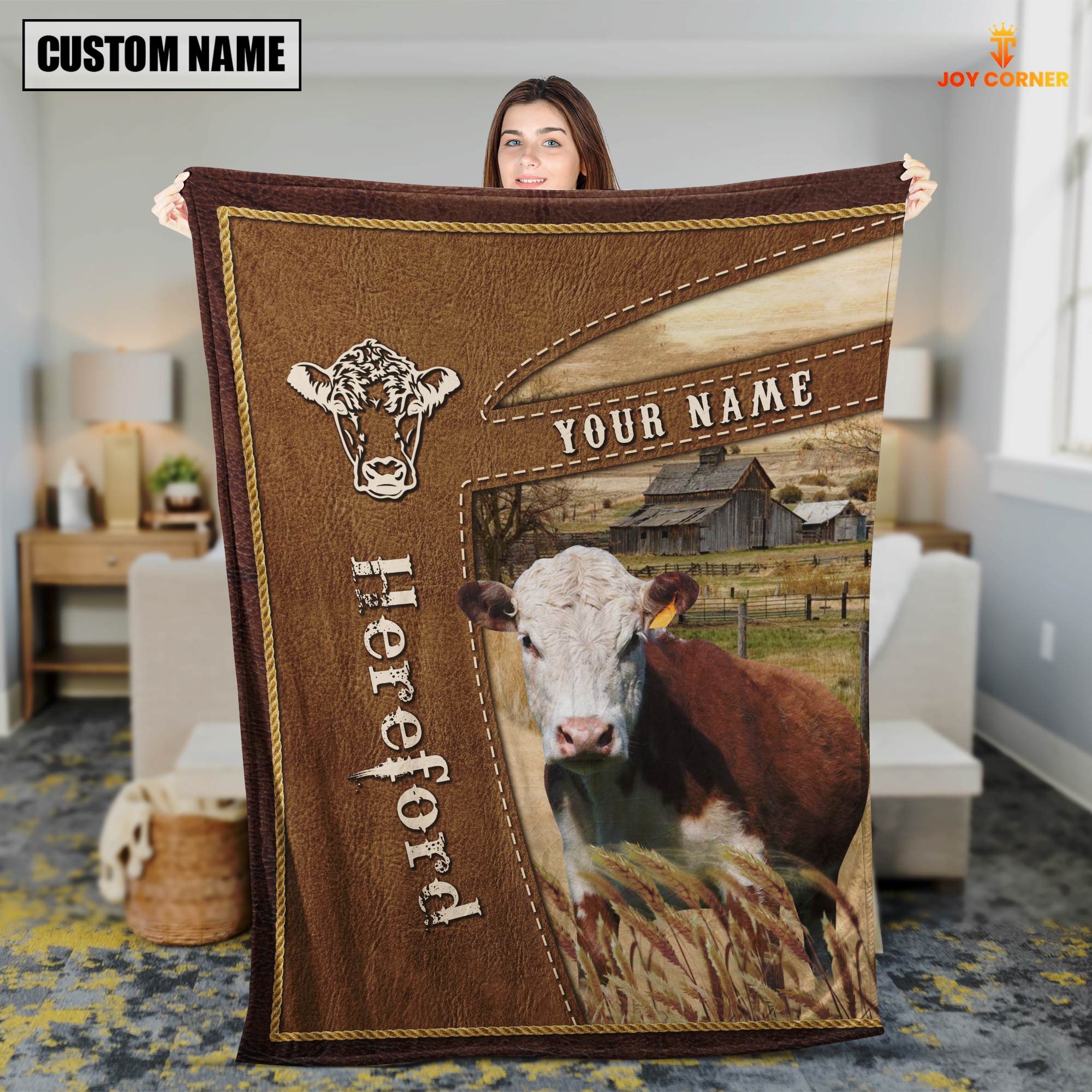 Personalized Name Hereford Farm Leather Brown Blanket