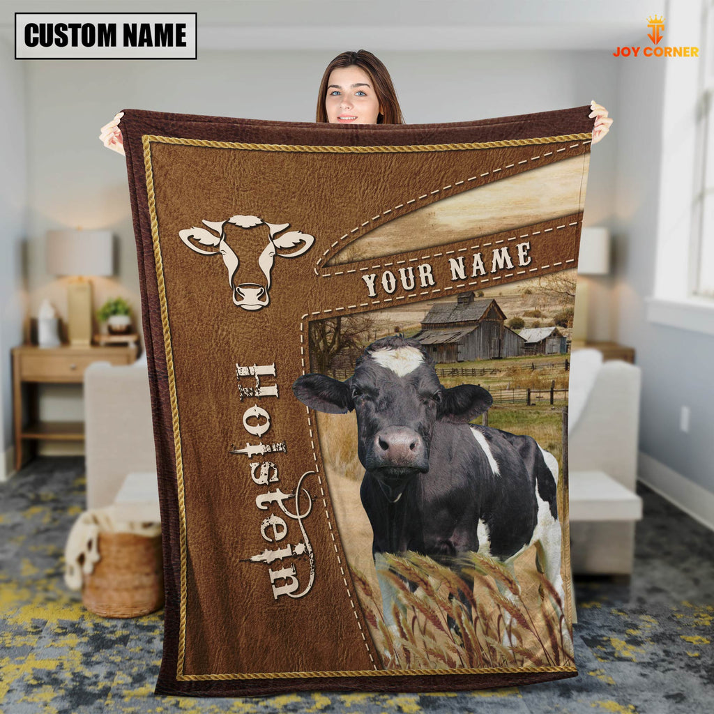 Personalized Name Holstein Farm Leather Brown Blanket