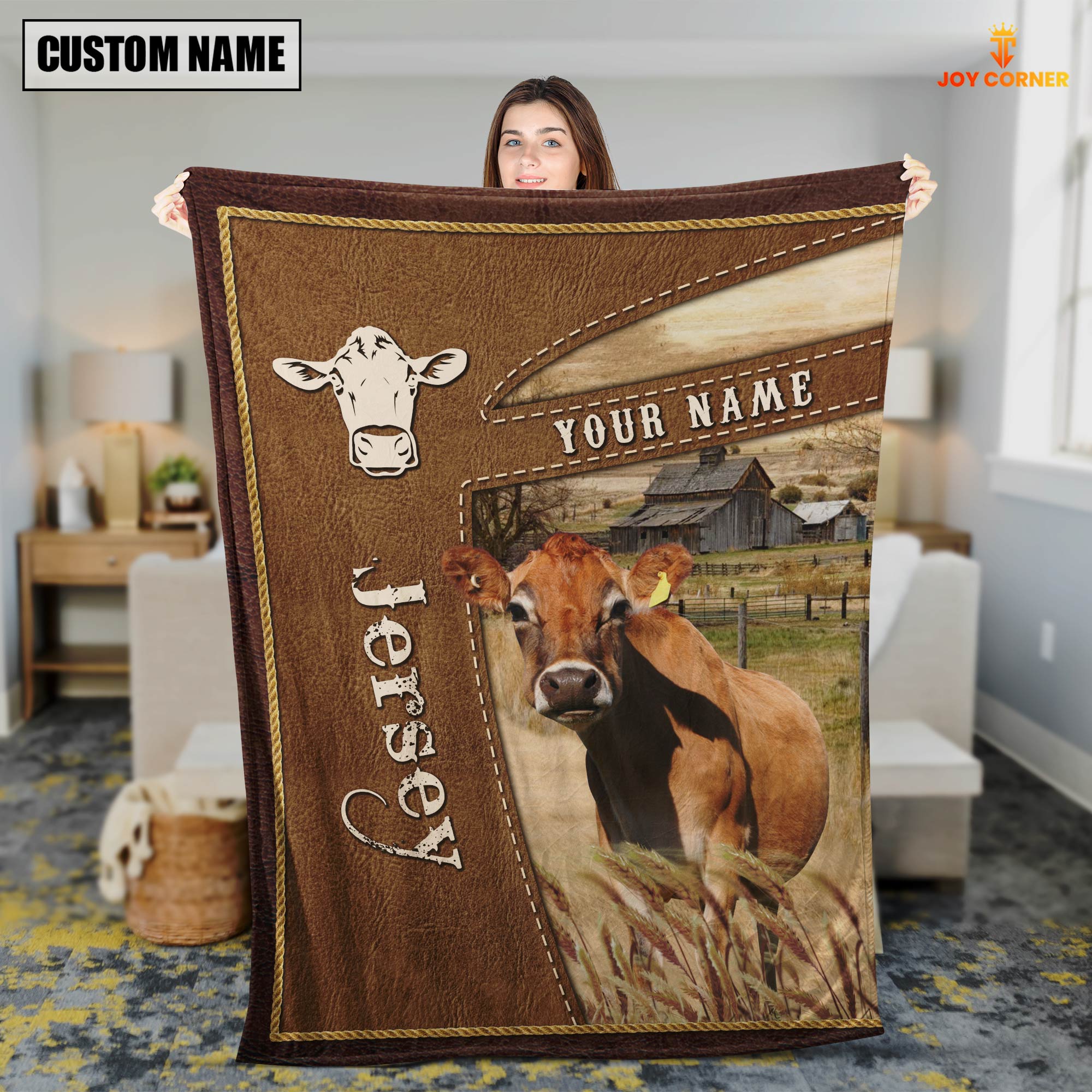 Personalized Name Jersey Farm Leather Brown Blanket