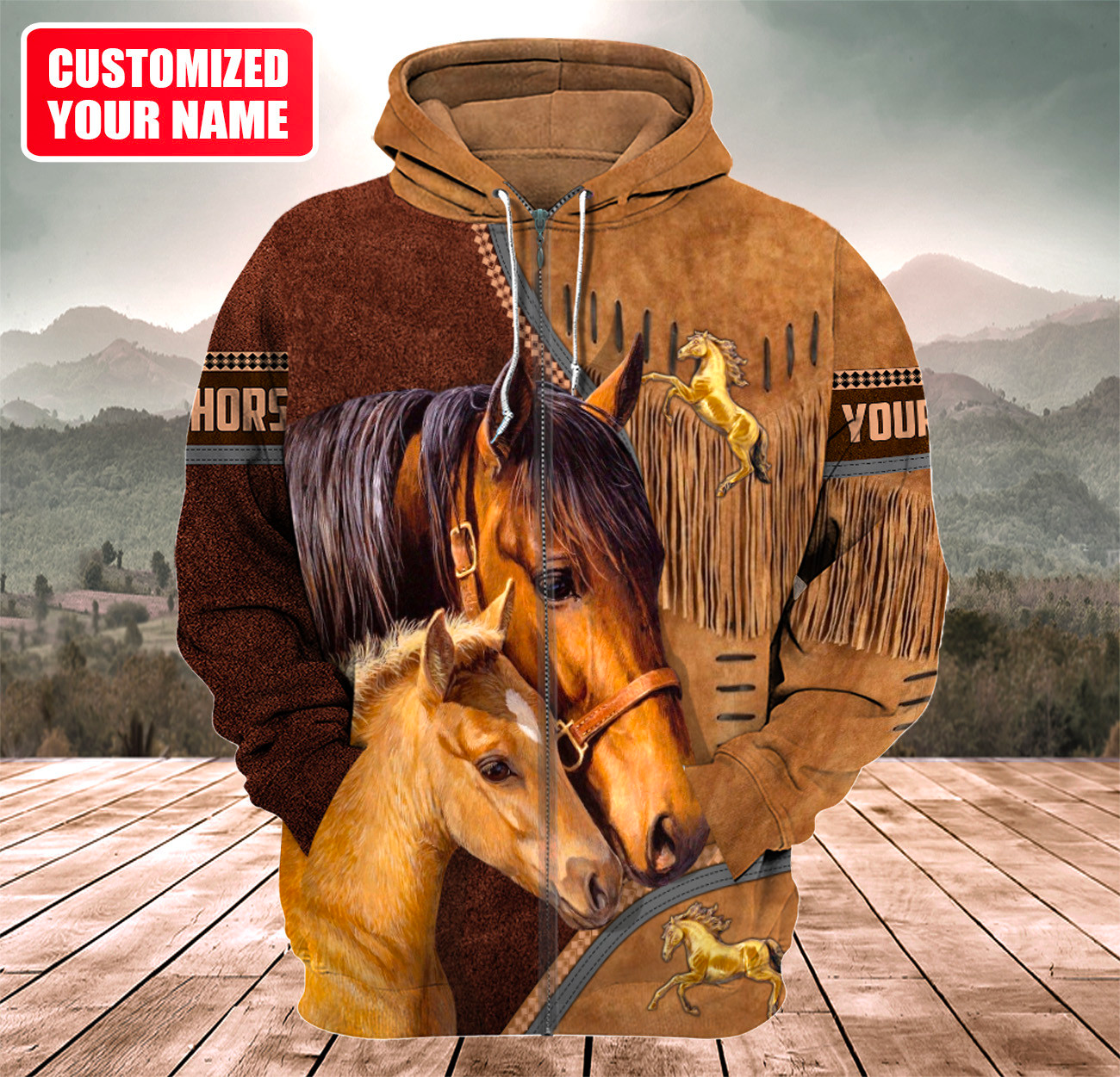 Custom Name Brown Horse Lovers 3D Hoodie