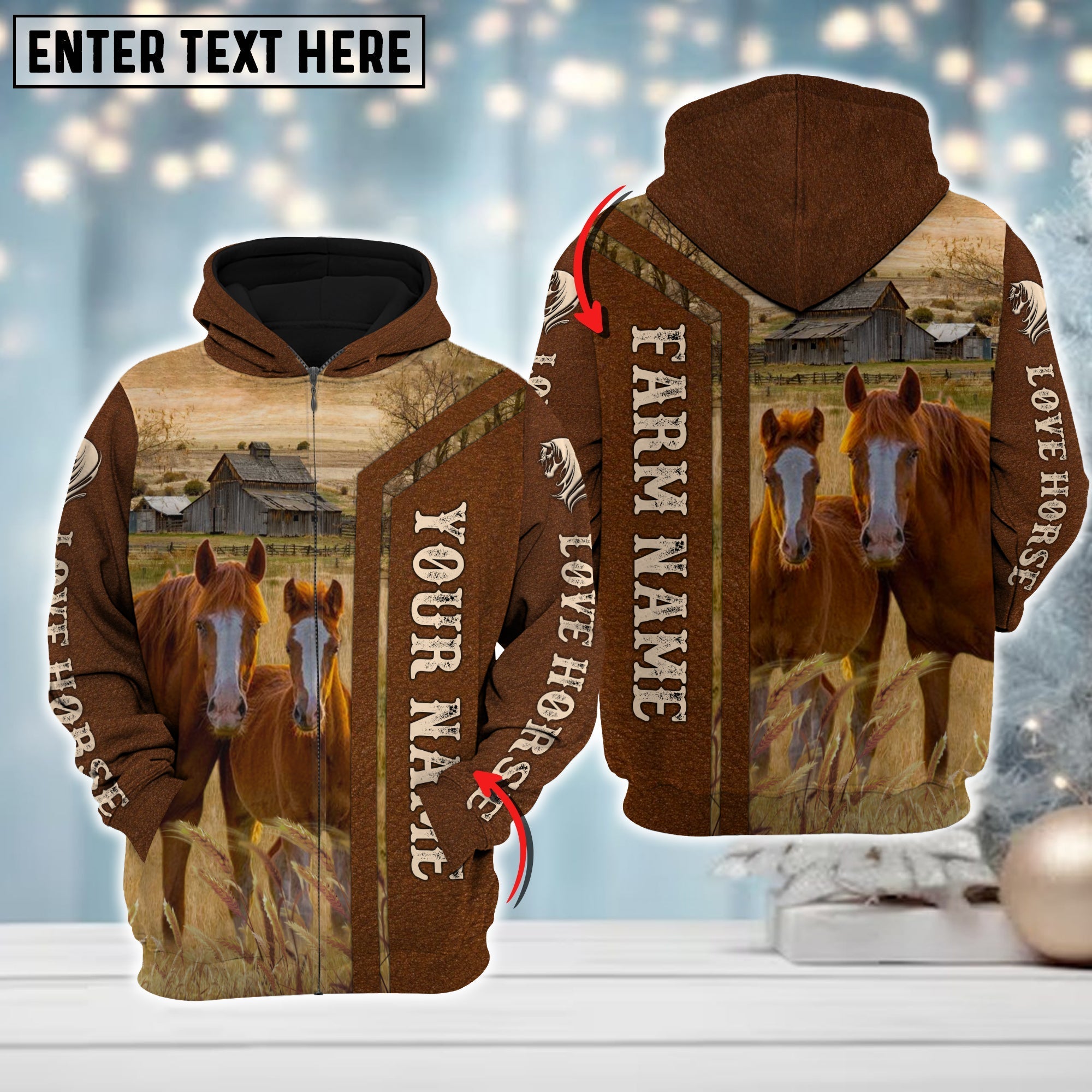 Custom Name Farm Horse Lovers Merry Christmas 3D Printed Hoodie
