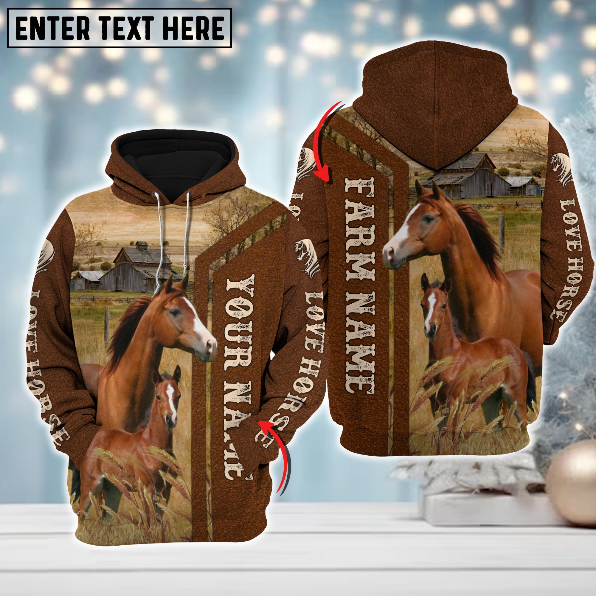 Custom Name Farm Horse Lovers Merry Christmas 3D Printed Hoodie