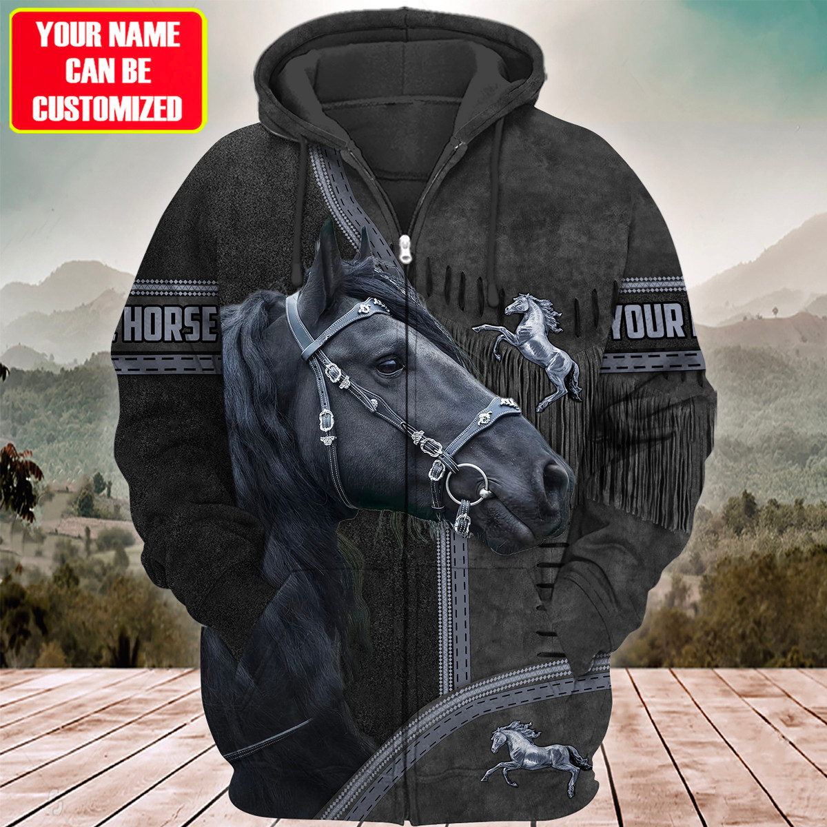 Custom Name Black Horse Lover 3D Hoodie