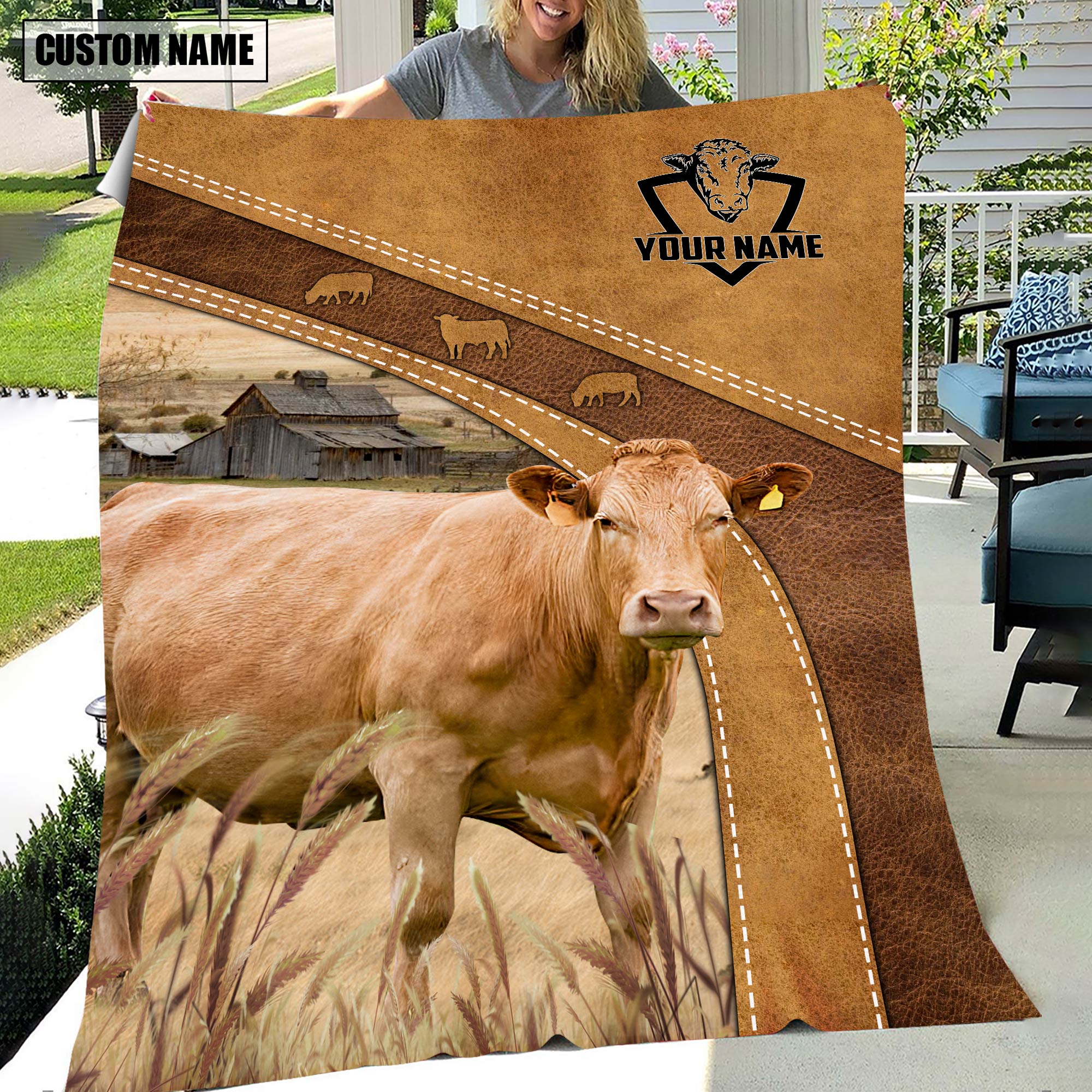 Personalized Name Limousin Brownie Background Blanket