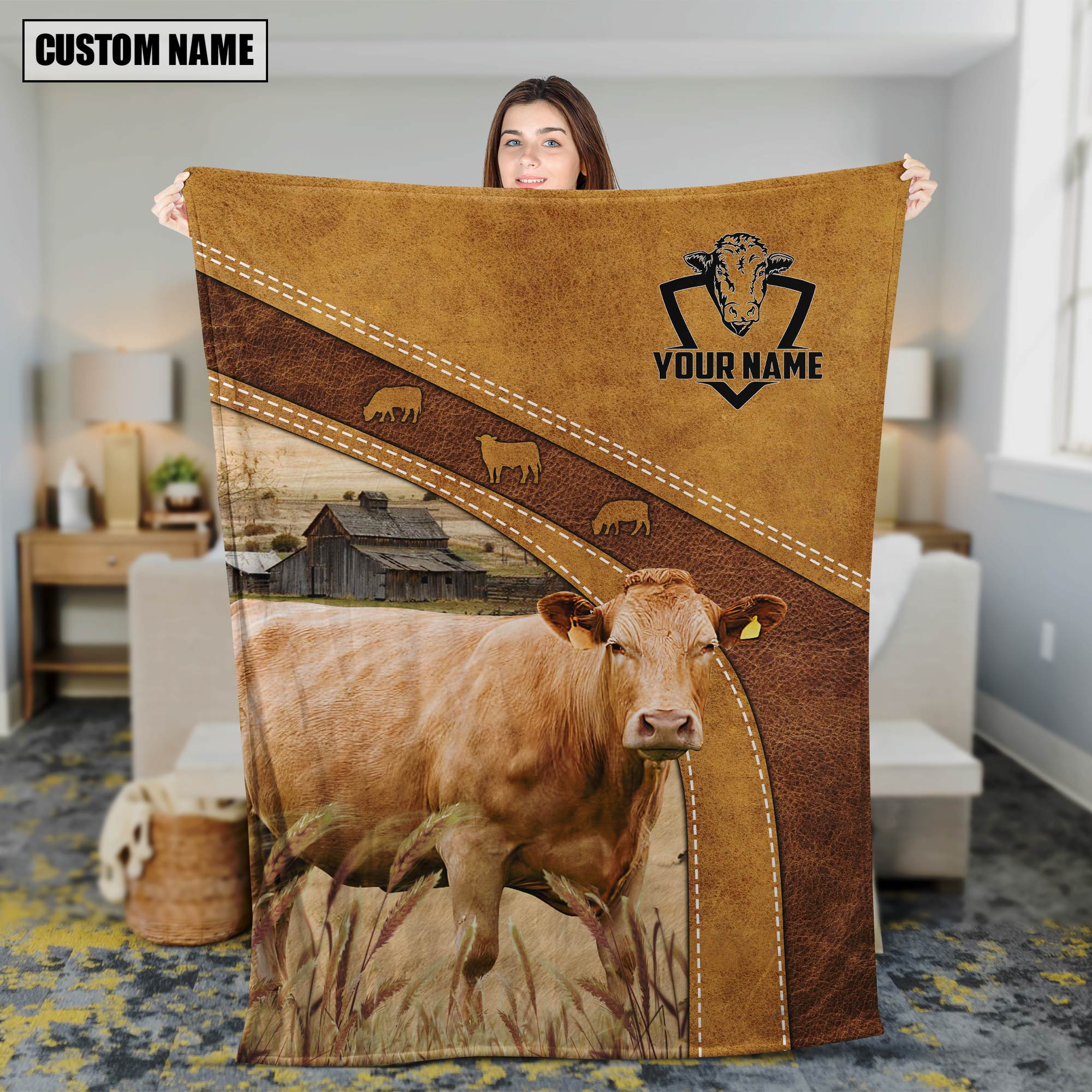 Personalized Name Limousin Brownie Background Blanket