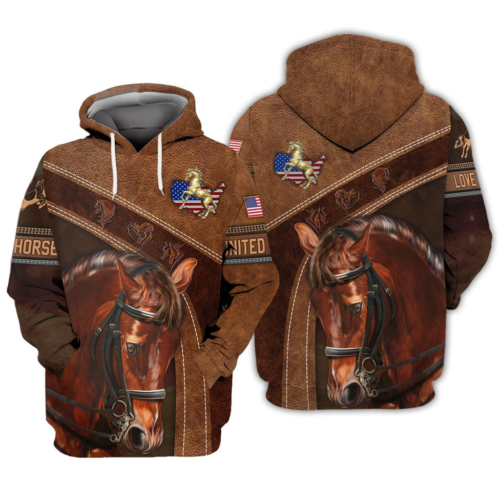 American Brown Horse 2 Leather Pattern Custom Name 3D Shirts