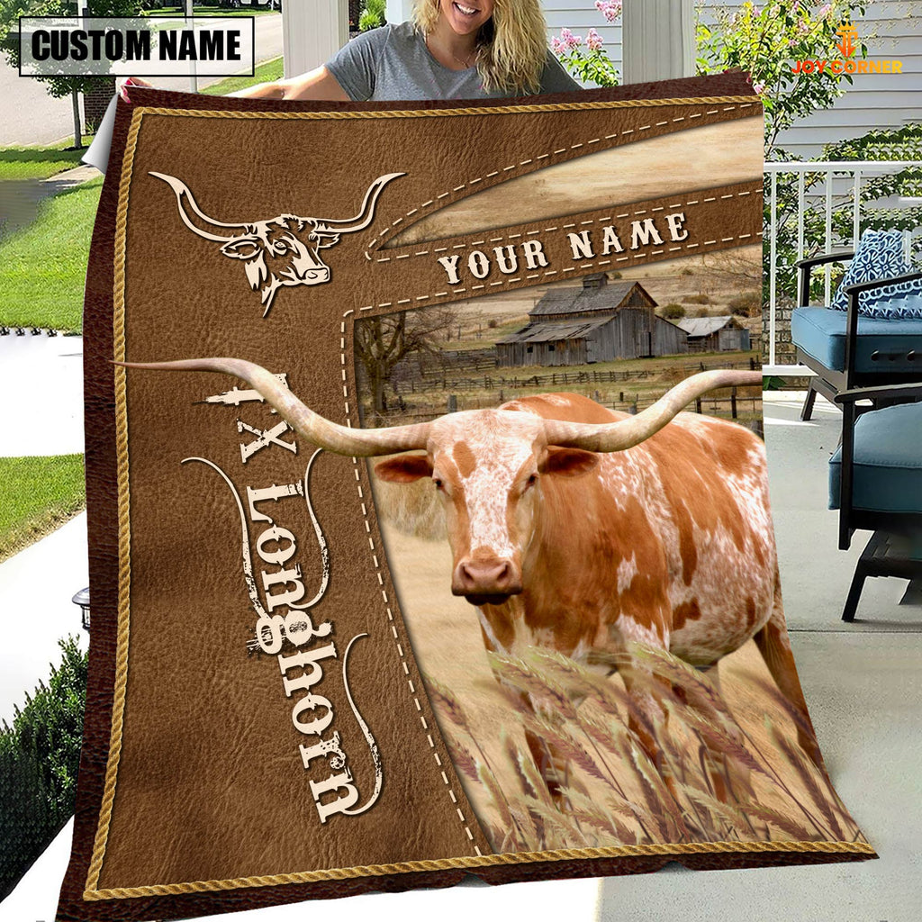 Personalized Name Texas Longhorn Farm Leather Brown Blanket