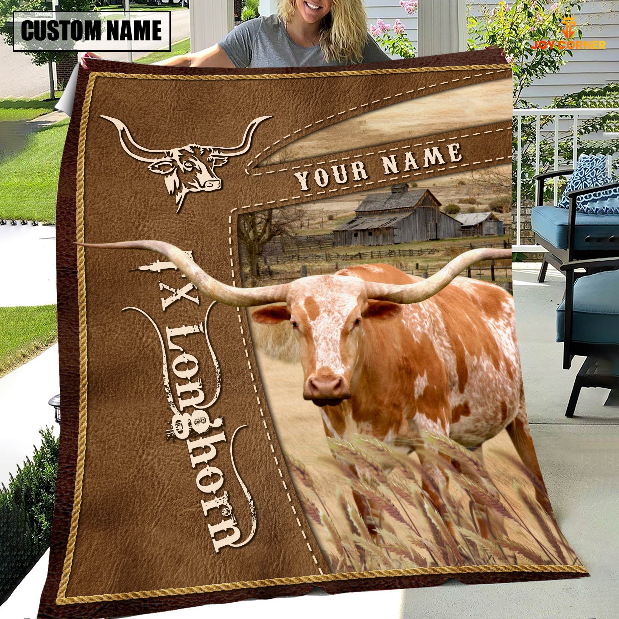 Personalized Name Texas Longhorn Farm Leather Brown Blanket