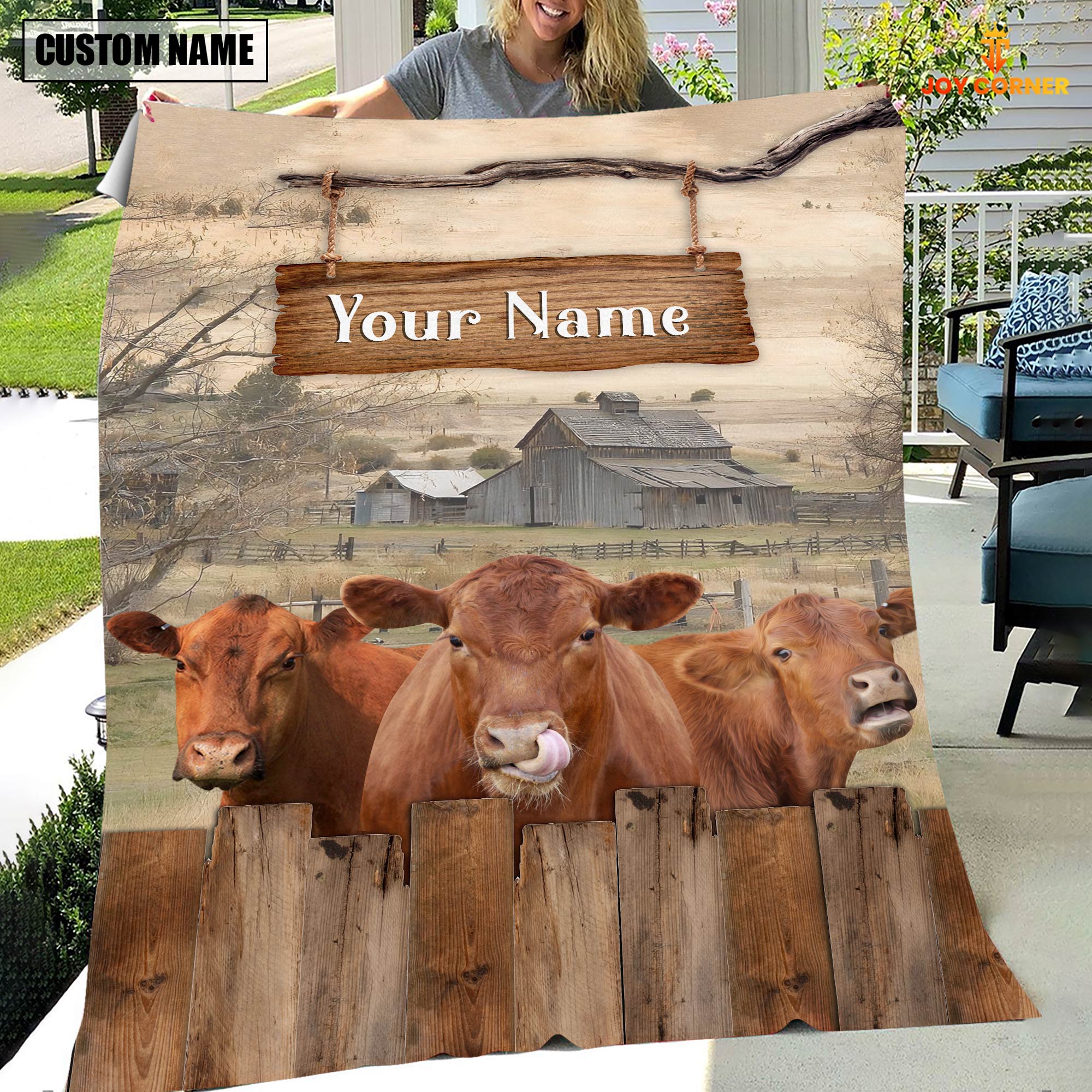 Personalized Name Red Angus Wooden Pattern Blanket