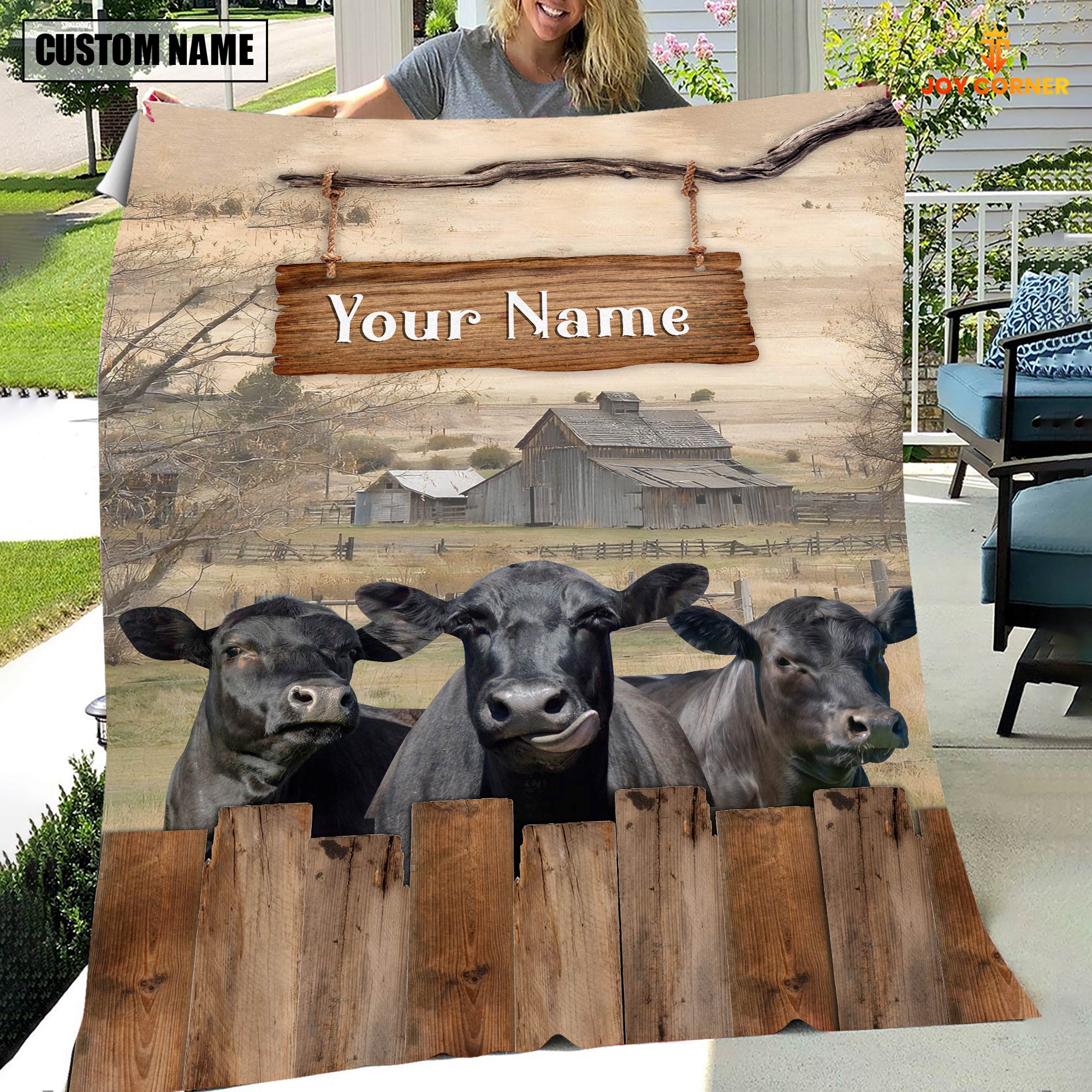 Personalized Name Black Angus Wooden Pattern Blanket