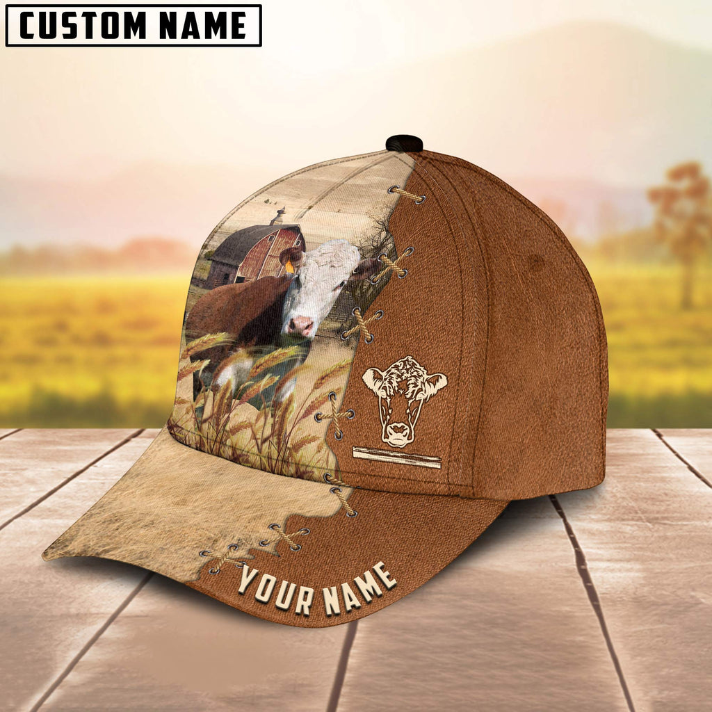 Hereford Custom Name Brown Leather Pattern Cap