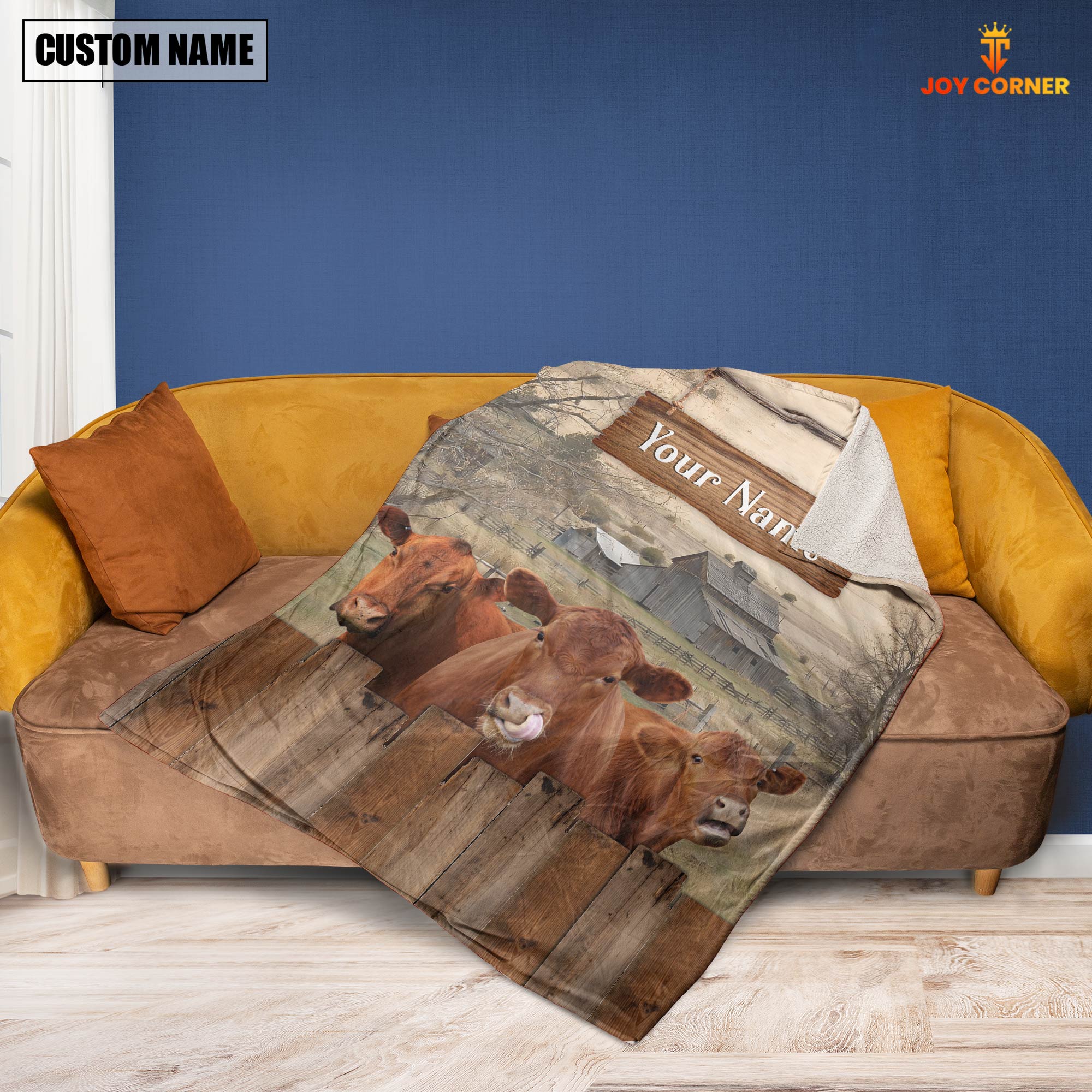 Personalized Name Red Angus Wooden Pattern Blanket