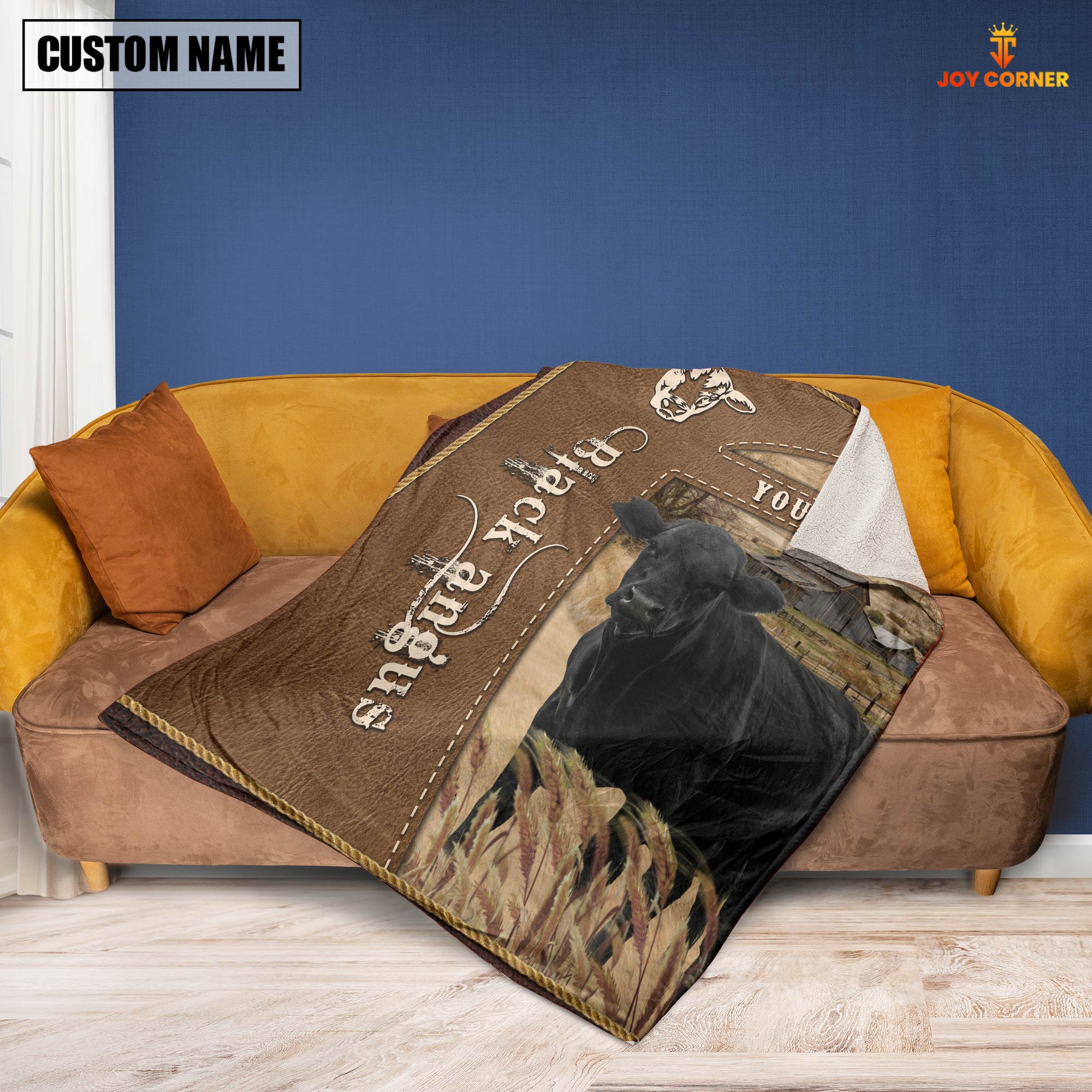 Personalized Name Black Angus Farm Leather Brown Blanket