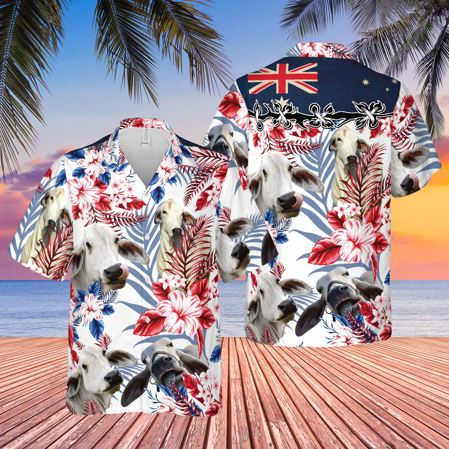 Unique Brahman Cattle Australia Flag Hawaiian Flowers All Over Printed 3D Hawaiian Shirt