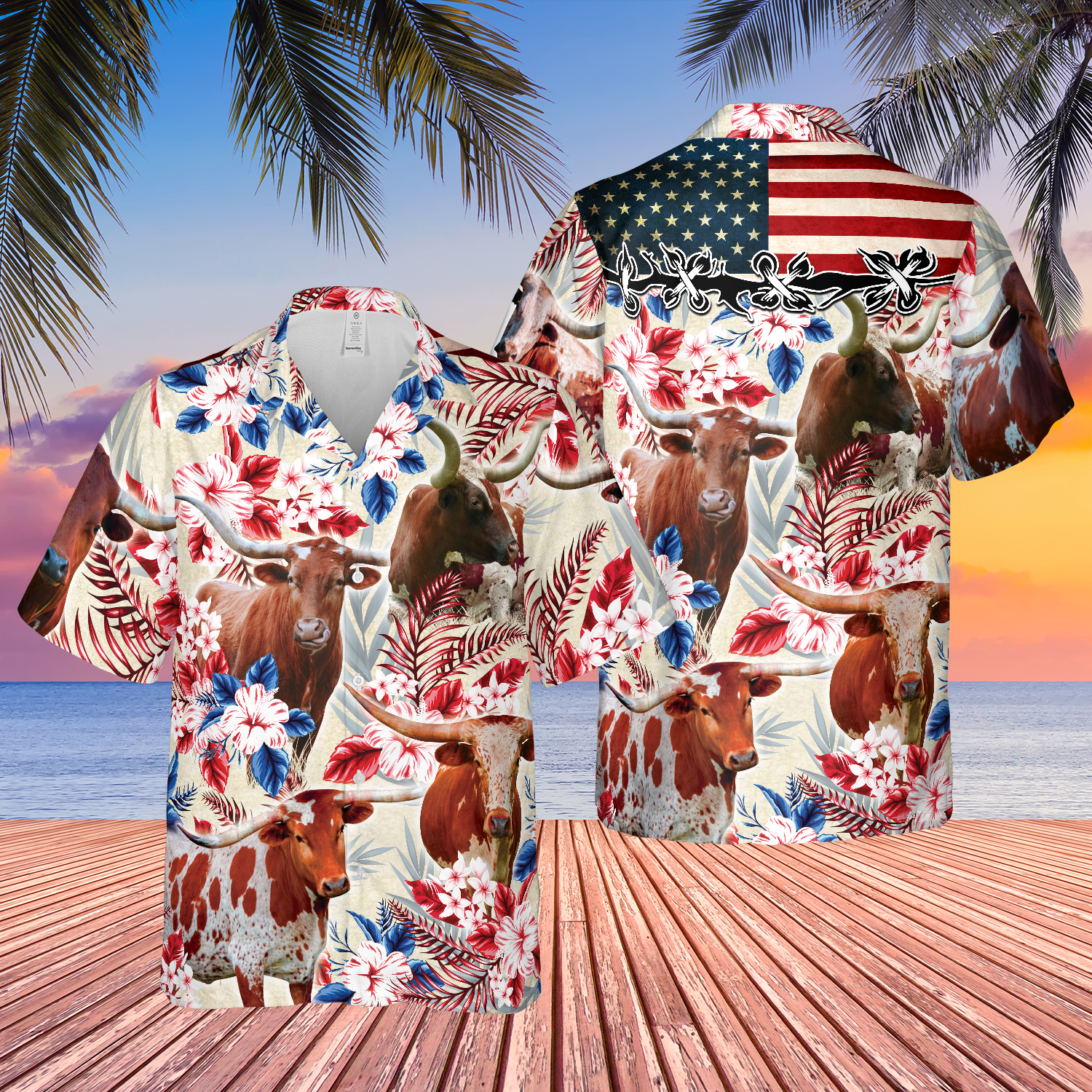 Unique Longhorn Cattle American Flag Flowers Hawaiian Shirt