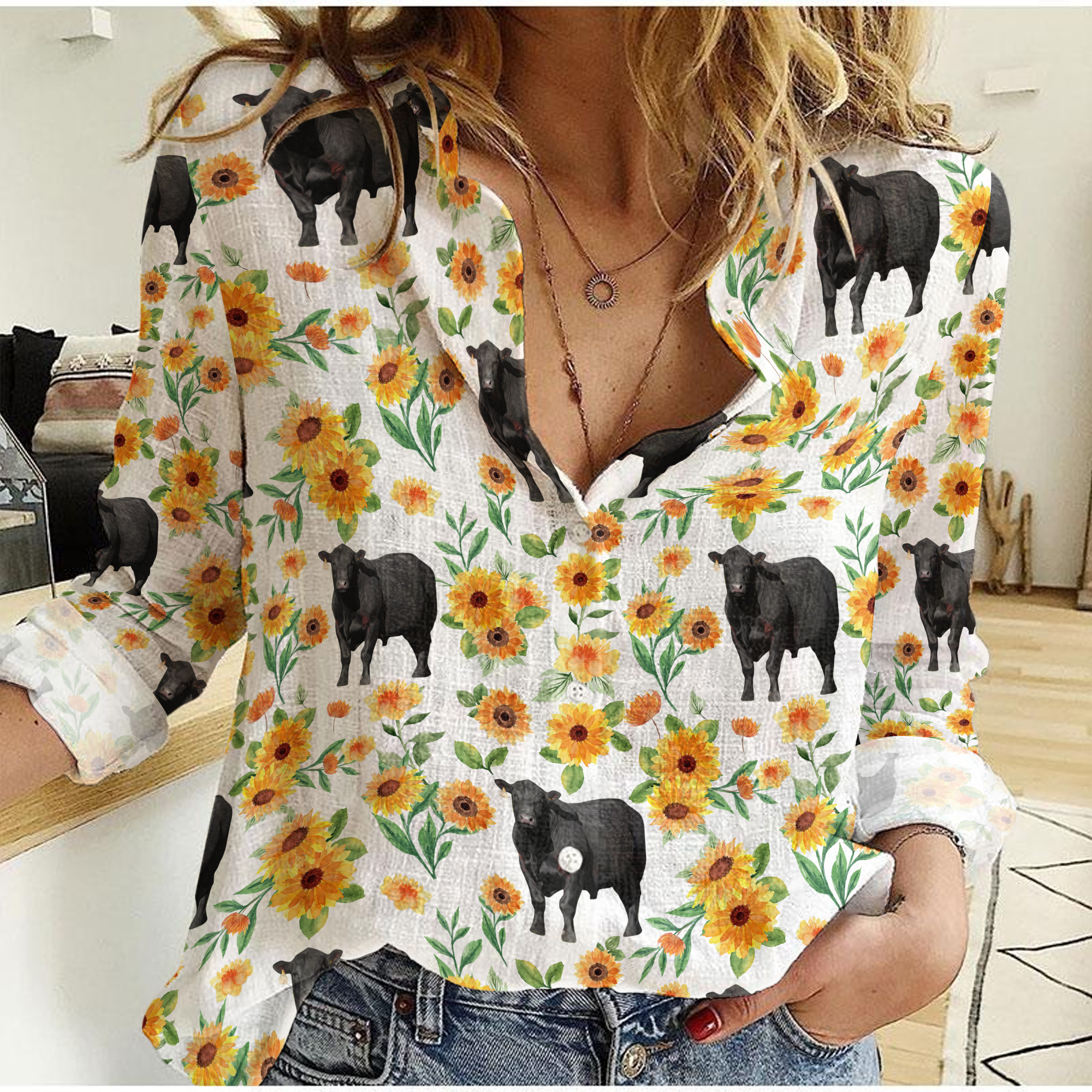 Unique Sunflower Pattern Black Angus Cattle Casual Shirt