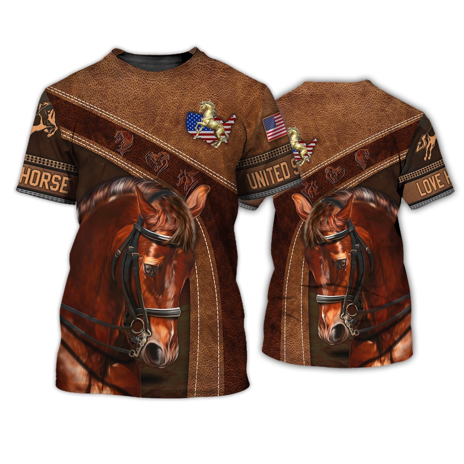 American Brown Horse 2 Leather Pattern Custom Name 3D Shirts
