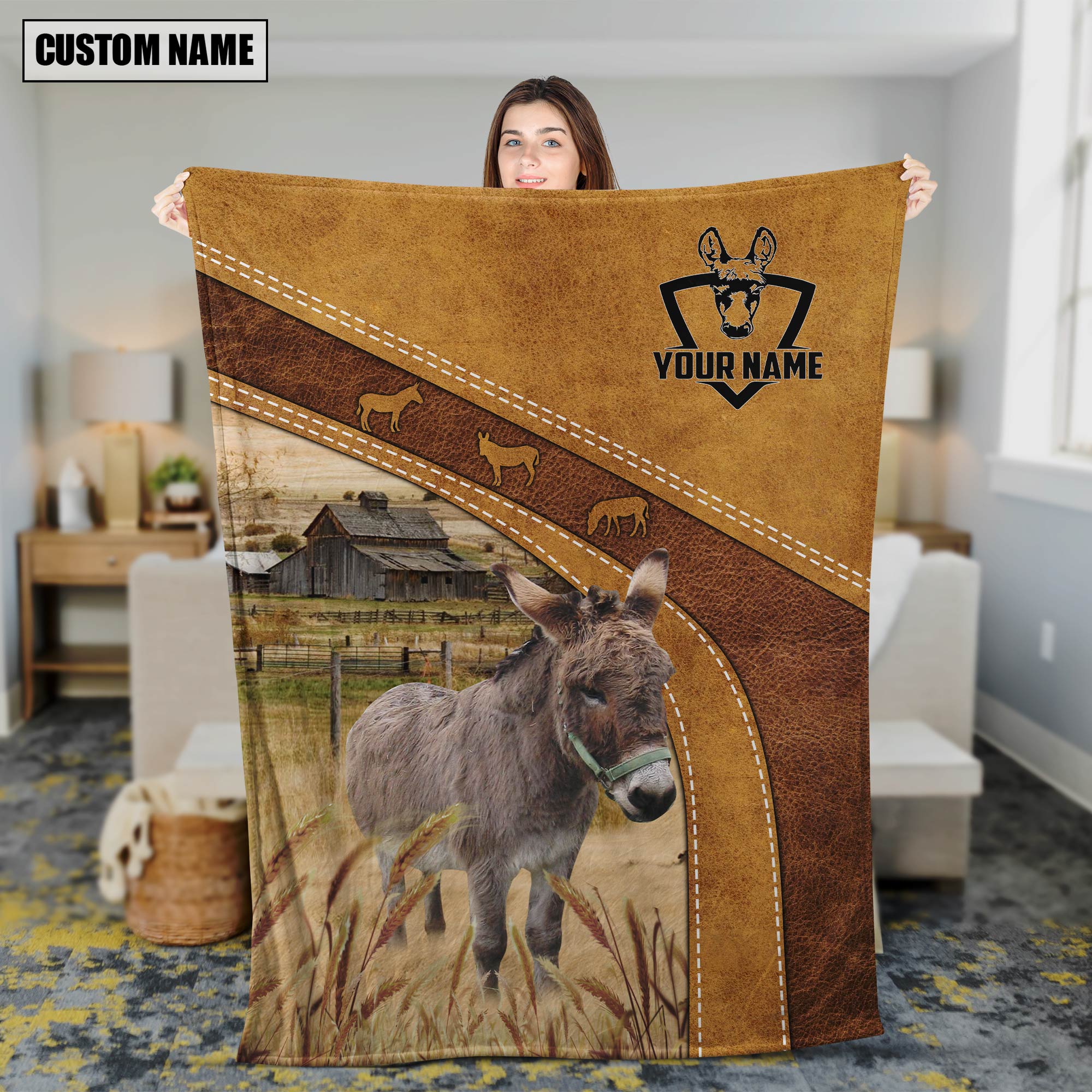 Personalized Name Miniature Donkey Brownie Background Blanket
