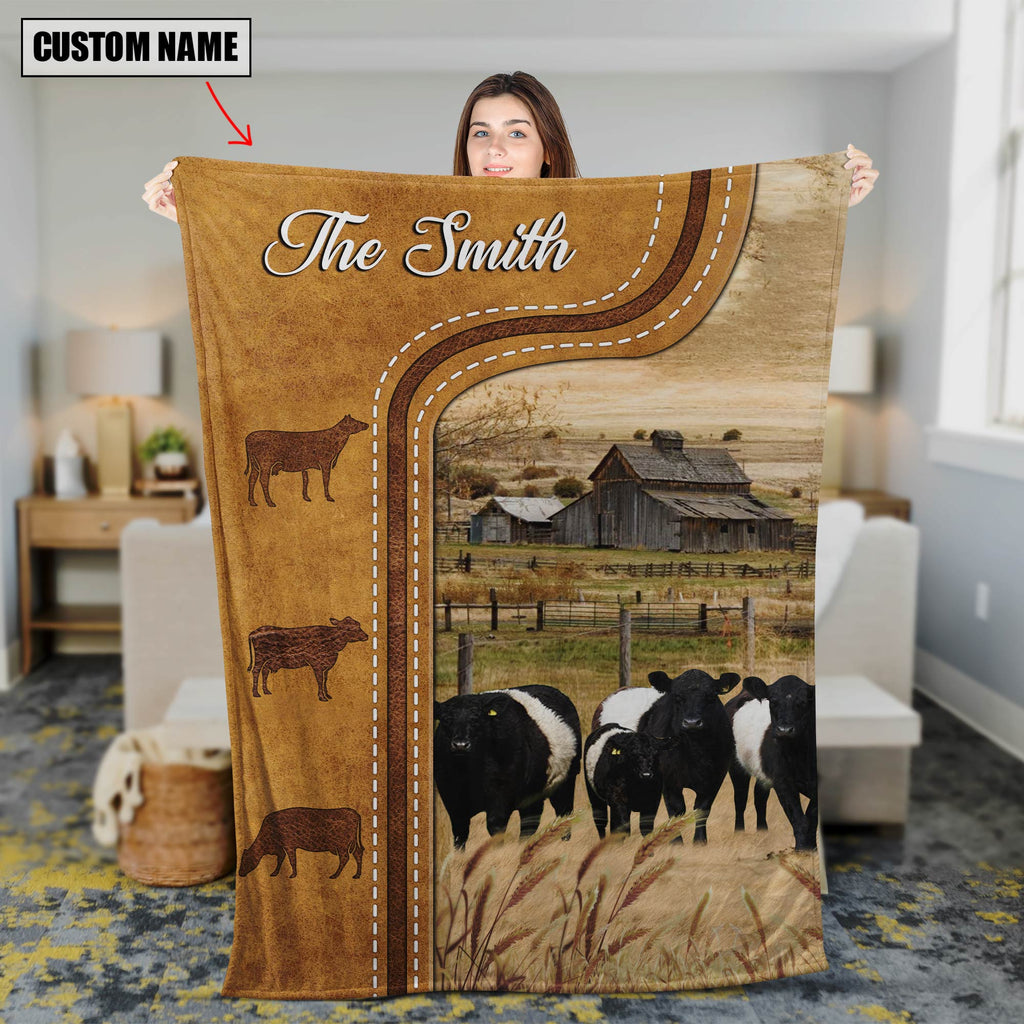 Personalized Name Belted Galloway Cattle In Field Farmhouse Blanket