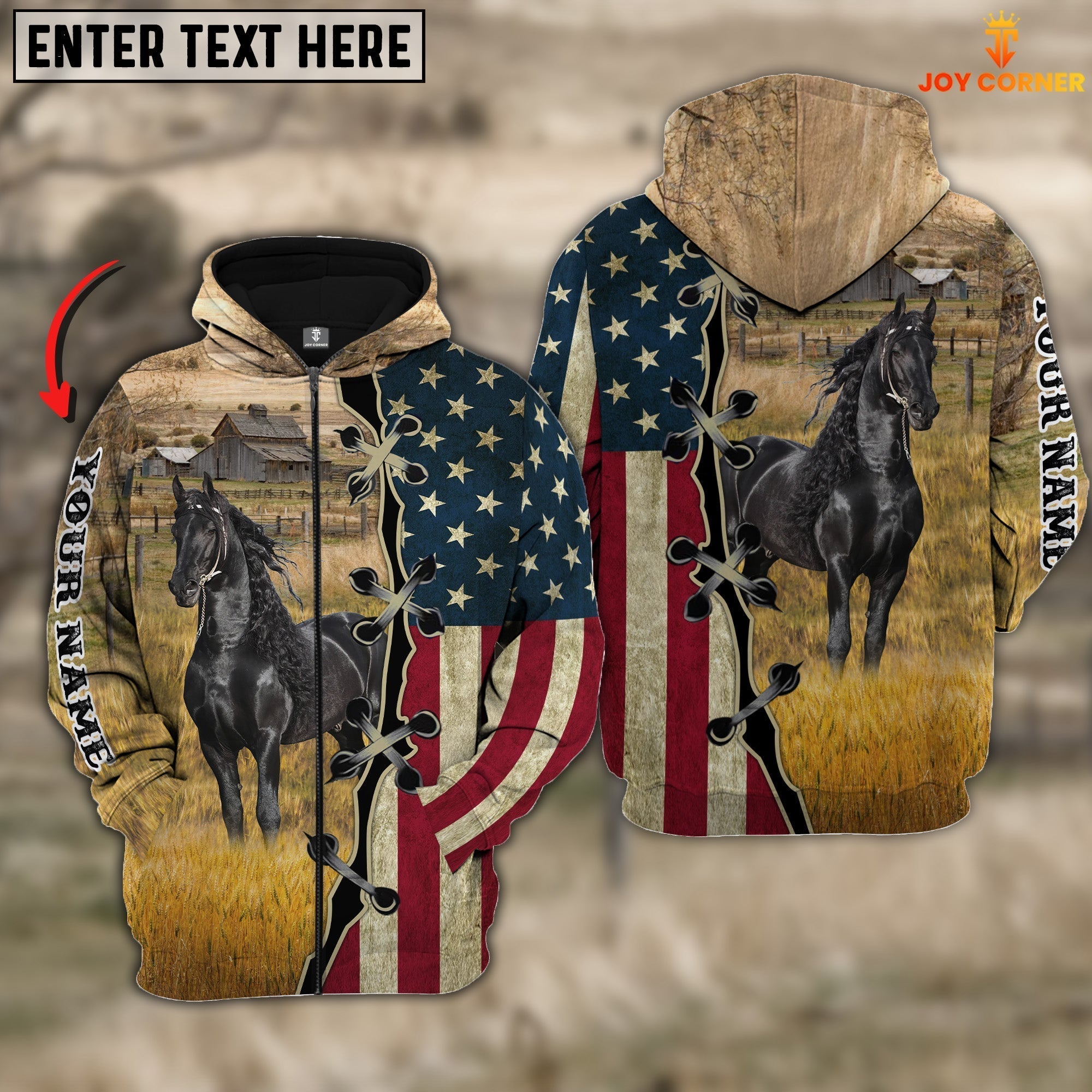 Black Horse On Farms Custom Name American Flag 3D Shirt