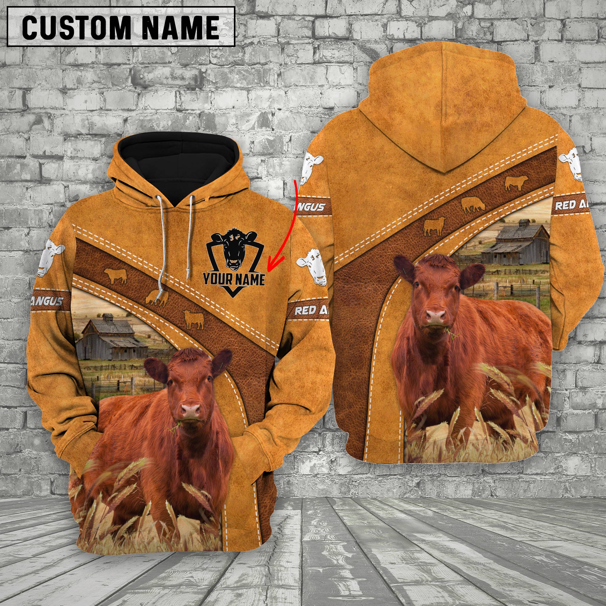 Personalized Name  Farm Red Angus Cattle Hoodie
