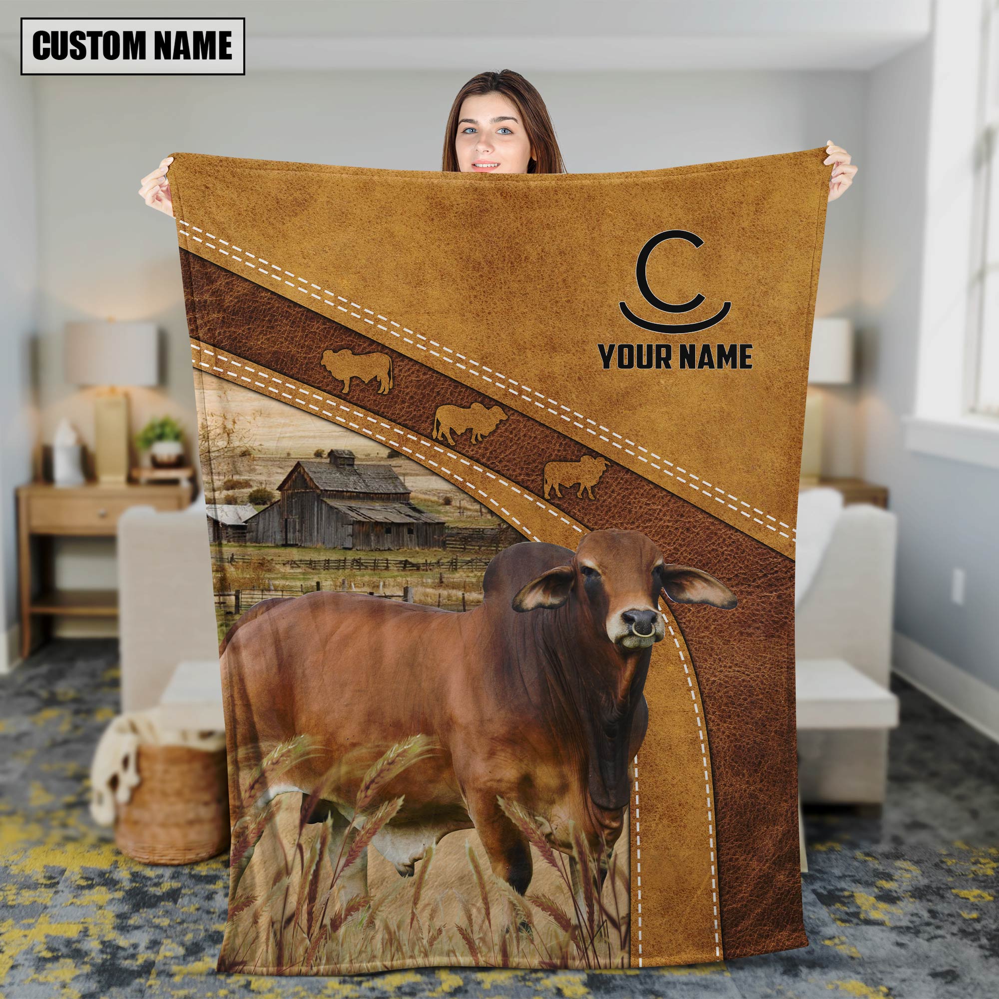 Personalized Name Red Brahman In Field Farmhouse Blanket