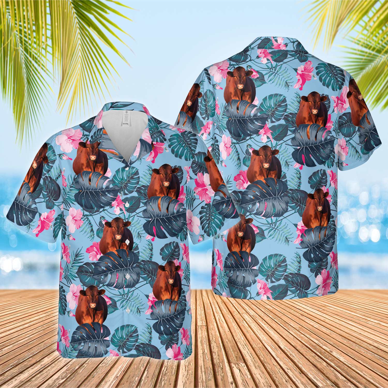 Unique Red Angus Blue Hibiscus Hawaiian Shirt