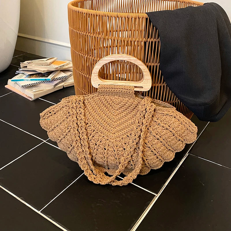 2026 New Retro Fan-shaped Crochet Woven Underarm Bag for Women Ins Style Seaside Vacation Versatile Wooden Handle Shoulder Bag