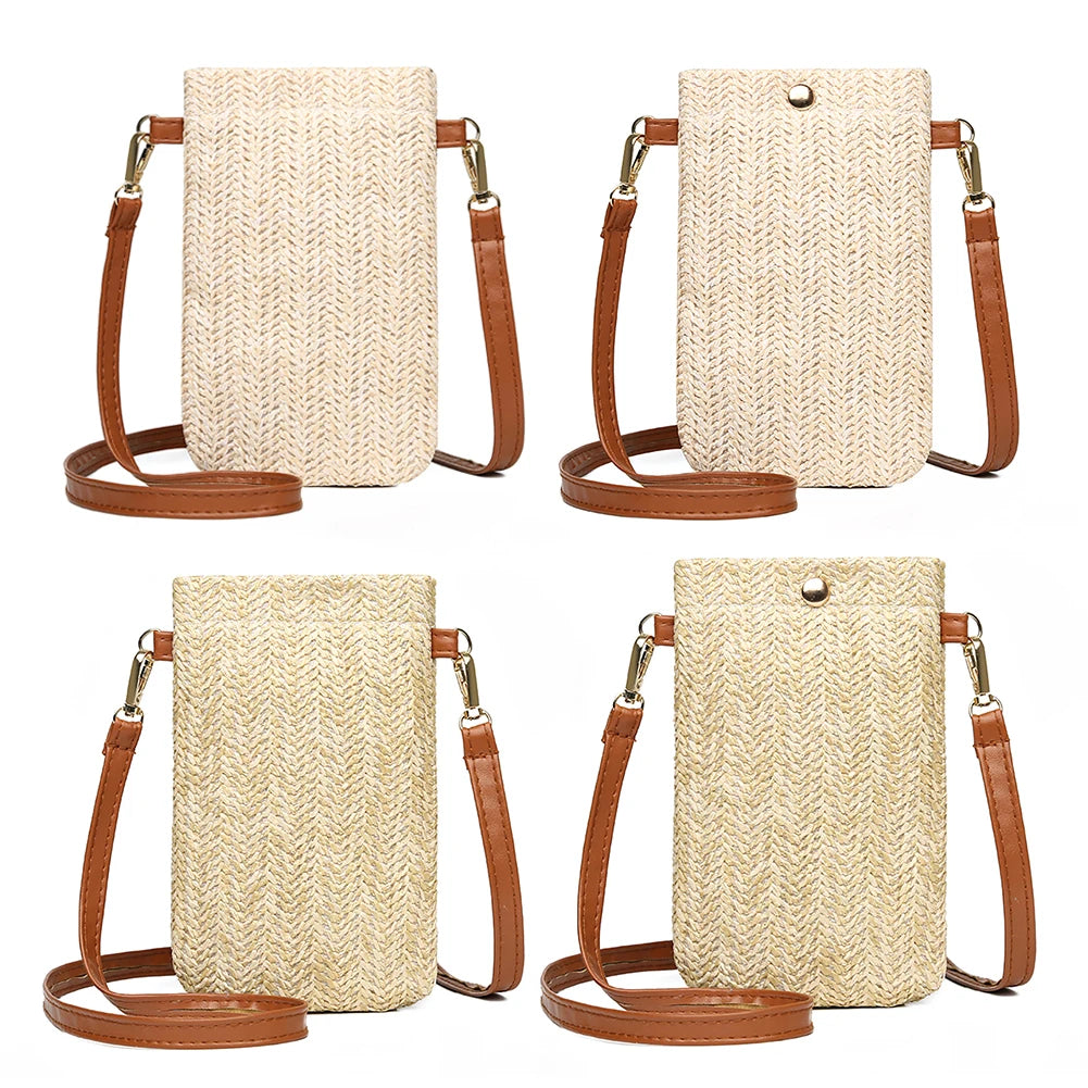 Women Mini Straw Messenger Bags Hand Woven Summer Beach Shoulder Phone Wallet