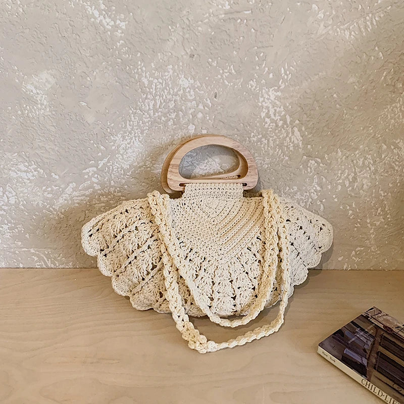 2026 New Retro Fan-shaped Crochet Woven Underarm Bag for Women Ins Style Seaside Vacation Versatile Wooden Handle Shoulder Bag