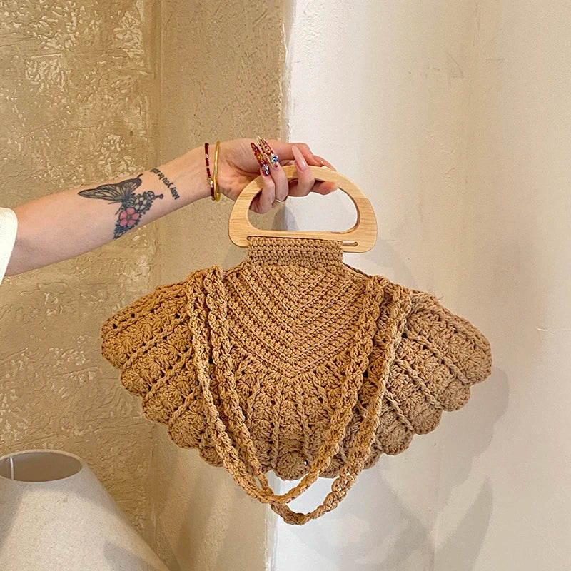 2026 New Retro Fan-shaped Crochet Woven Underarm Bag for Women Ins Style Seaside Vacation Versatile Wooden Handle Shoulder Bag
