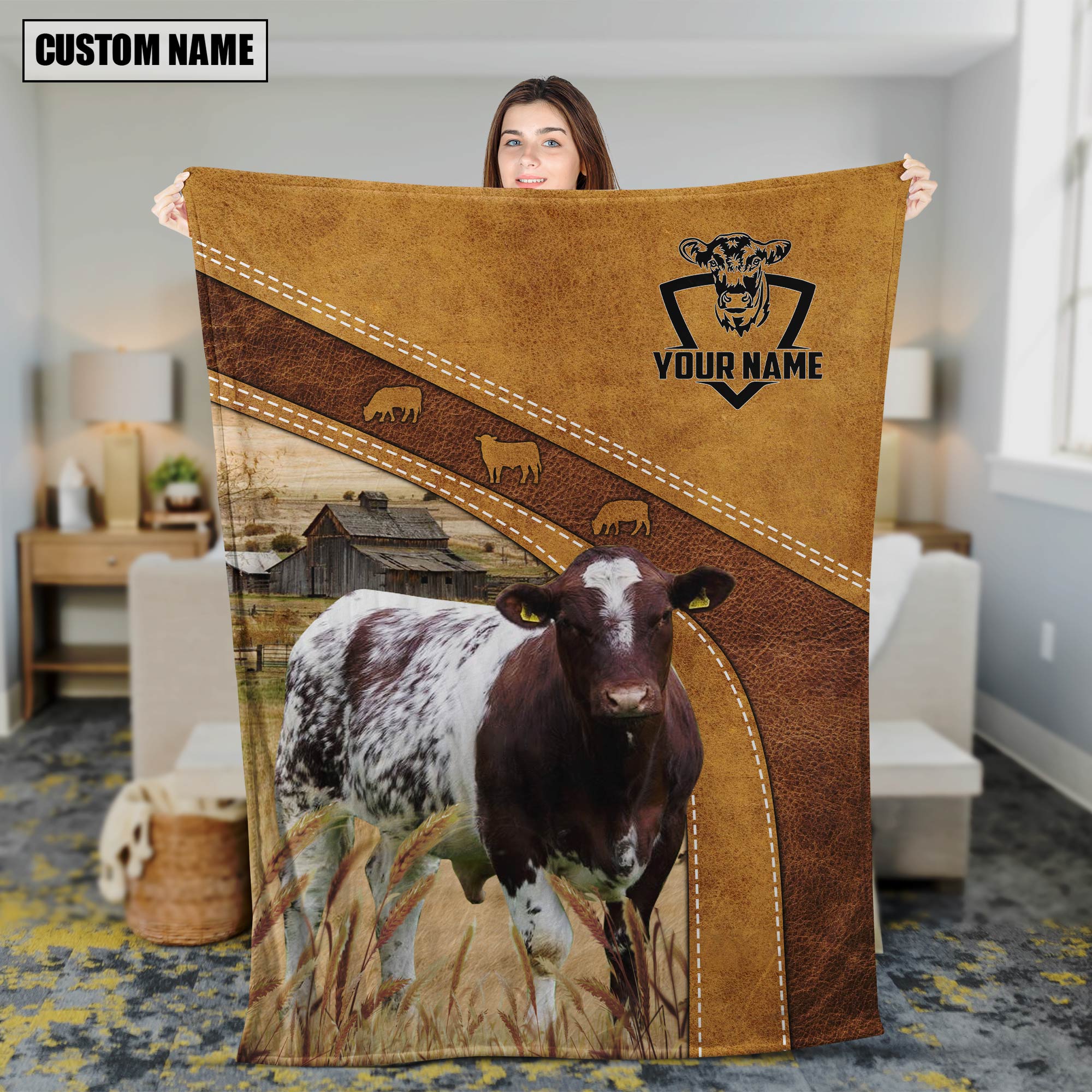 Personalized Name Shorthorn Brownie Background Blanket