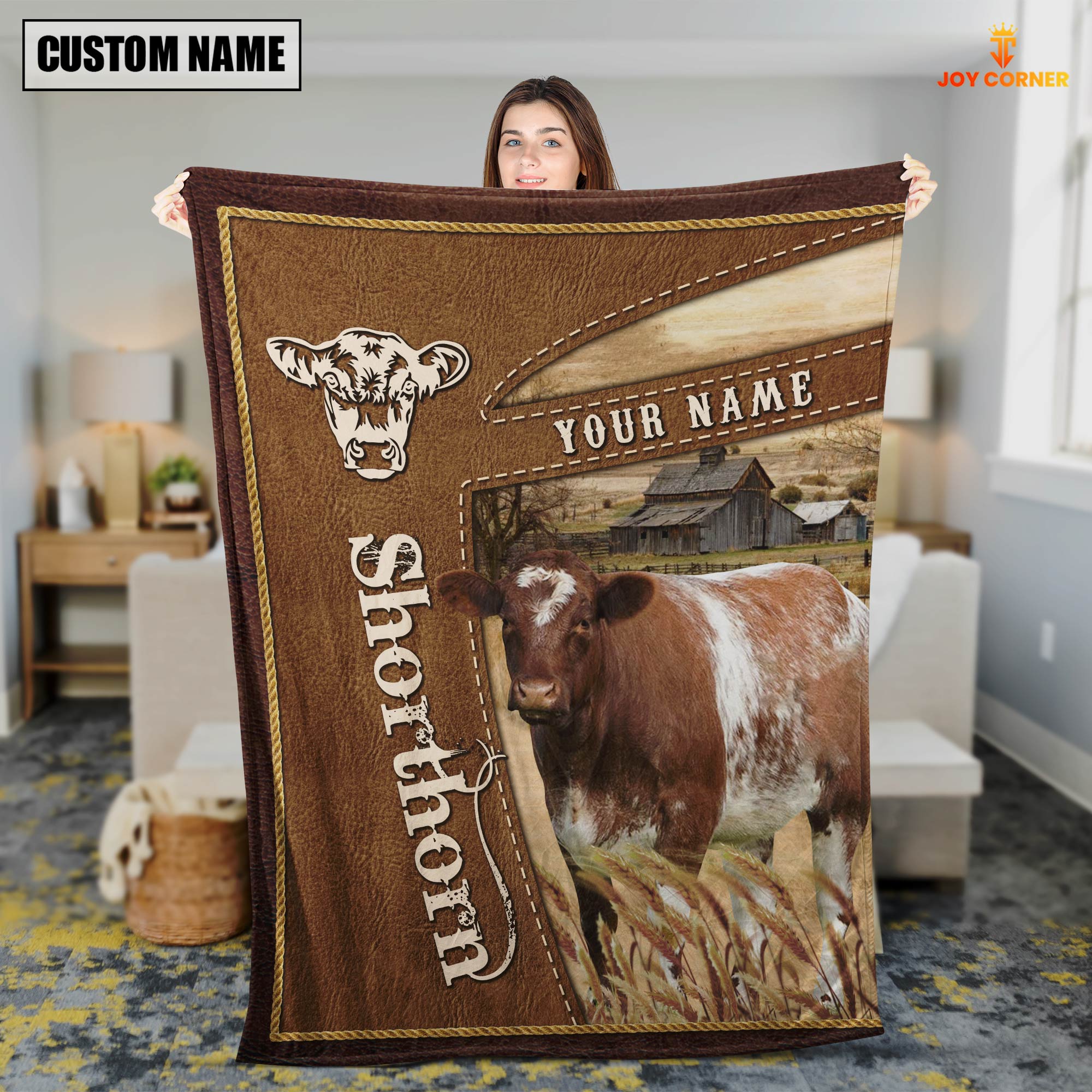 Personalized Name Shorthorn Farm Leather Brown Blanket