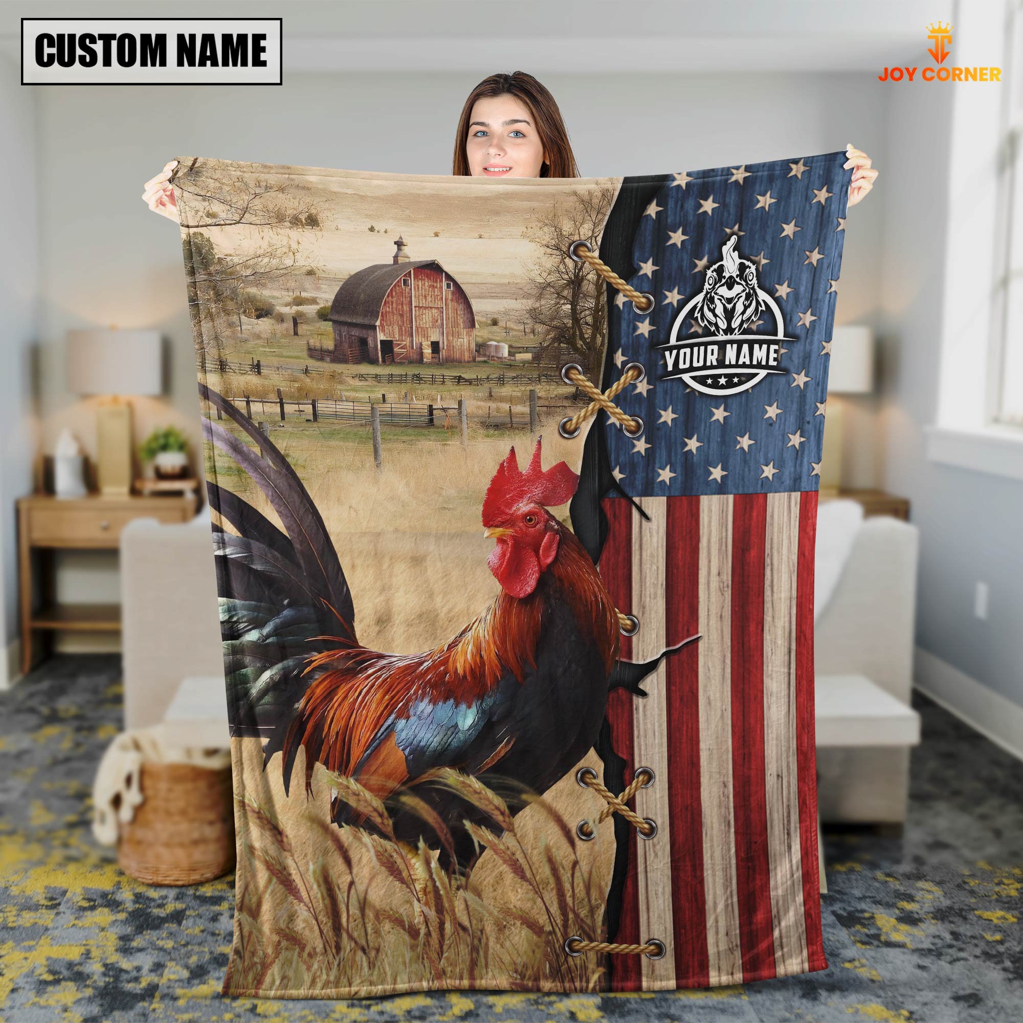 Personalized Name Chicken Flag Vintage Blanket