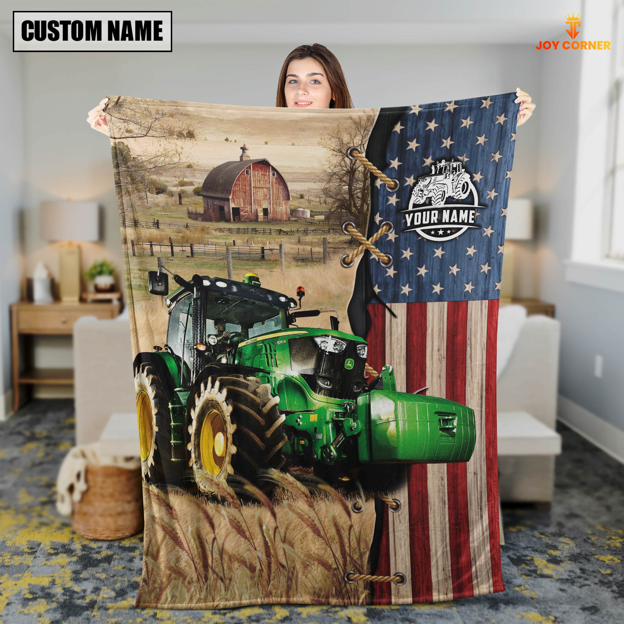 Personalized Name Farm Tractor Flag Vintage Blanket