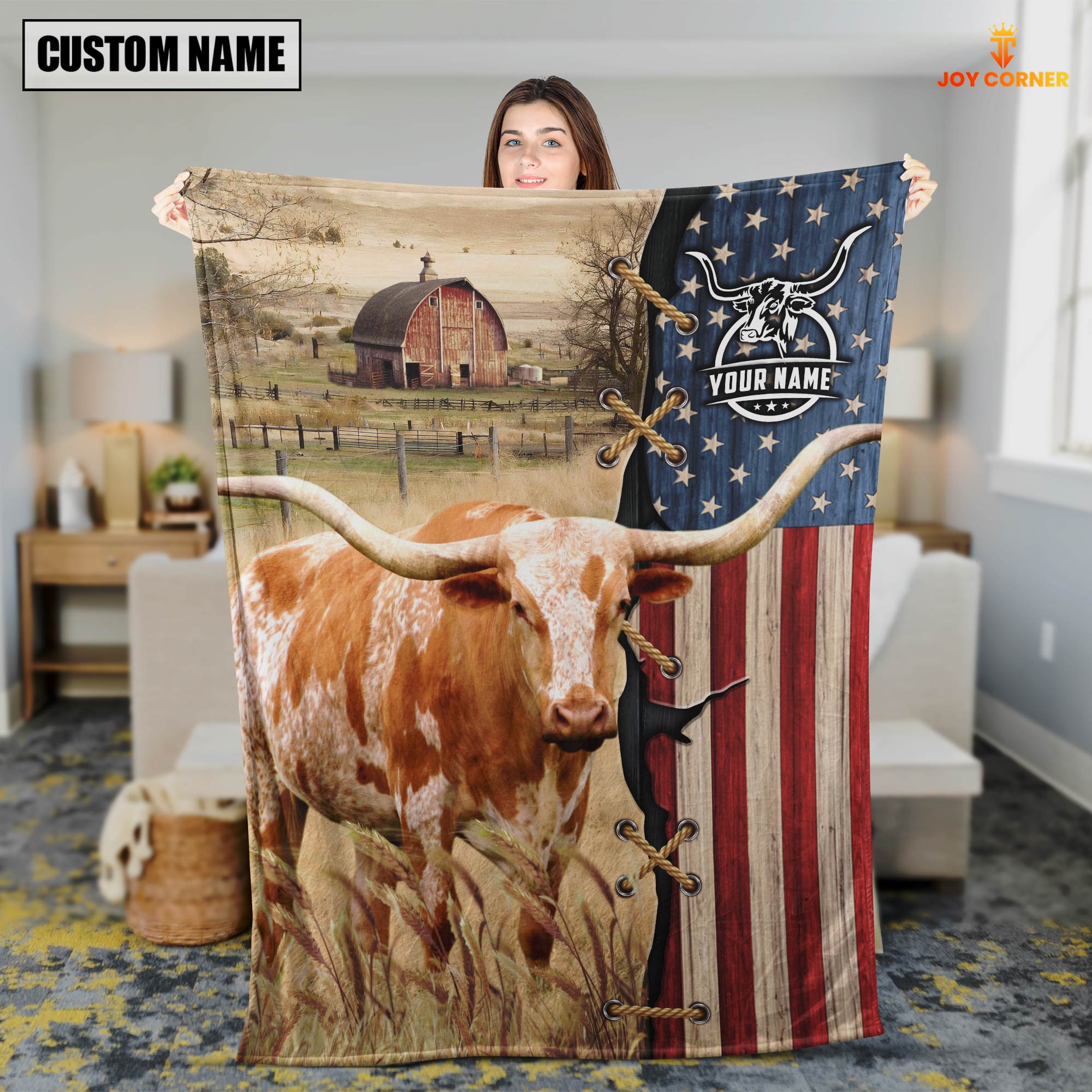 Personalized Name Texas Longhorn Flag Vintage Blanket