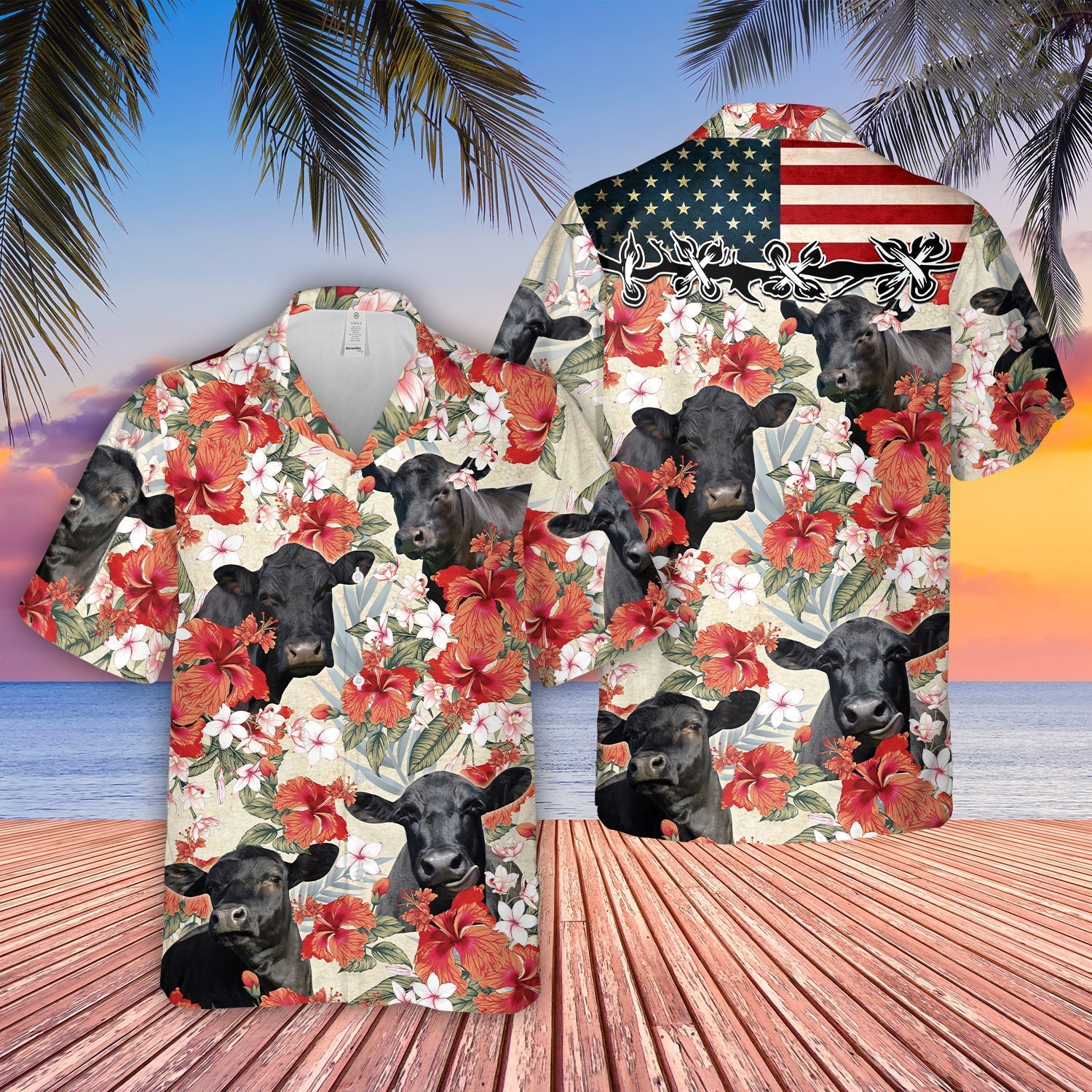 Black Angus Hibicus Floral US Flag 3D Hawaiian Shirt