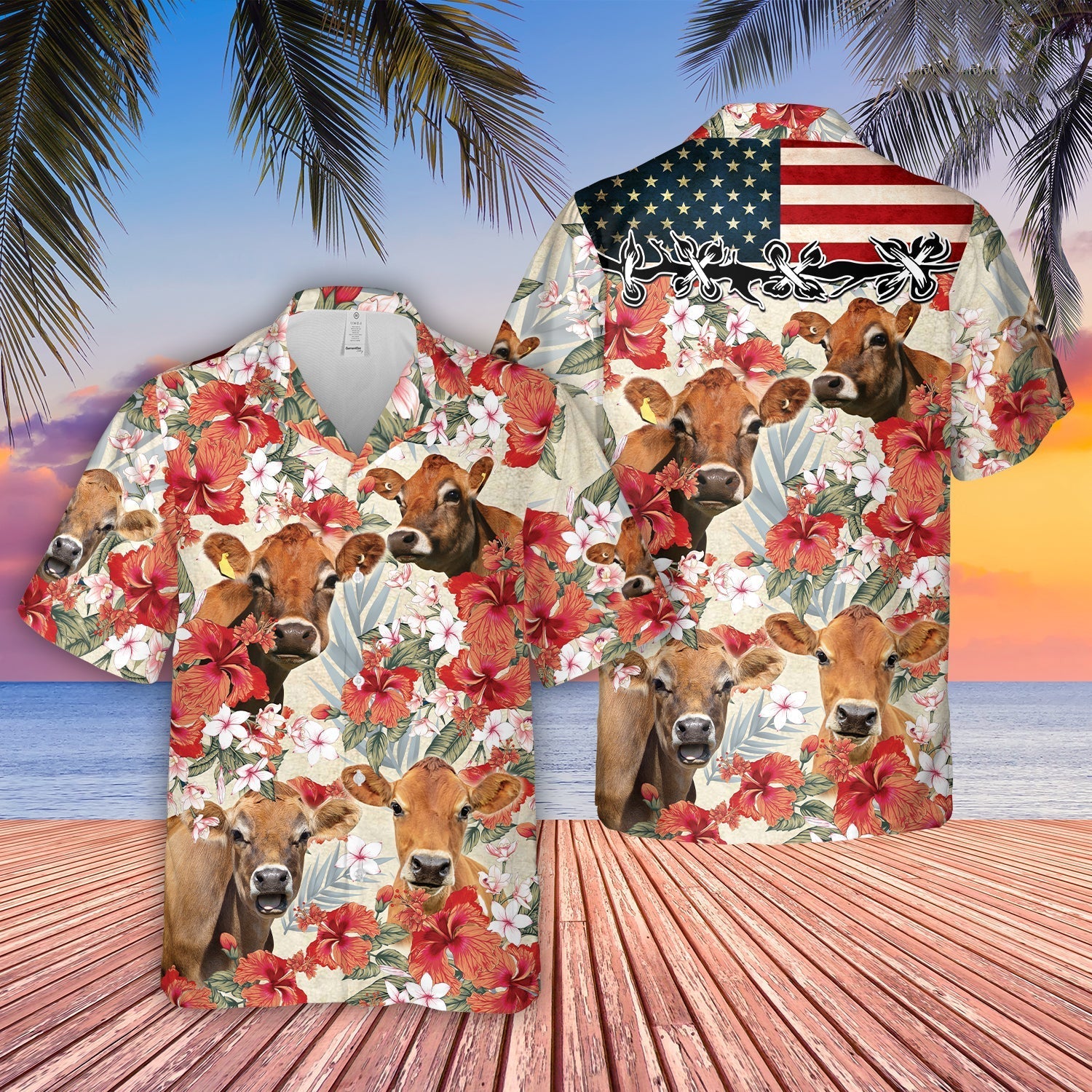 Jersey Hibicus Floral US Flag 3D Hawaiian Shirt