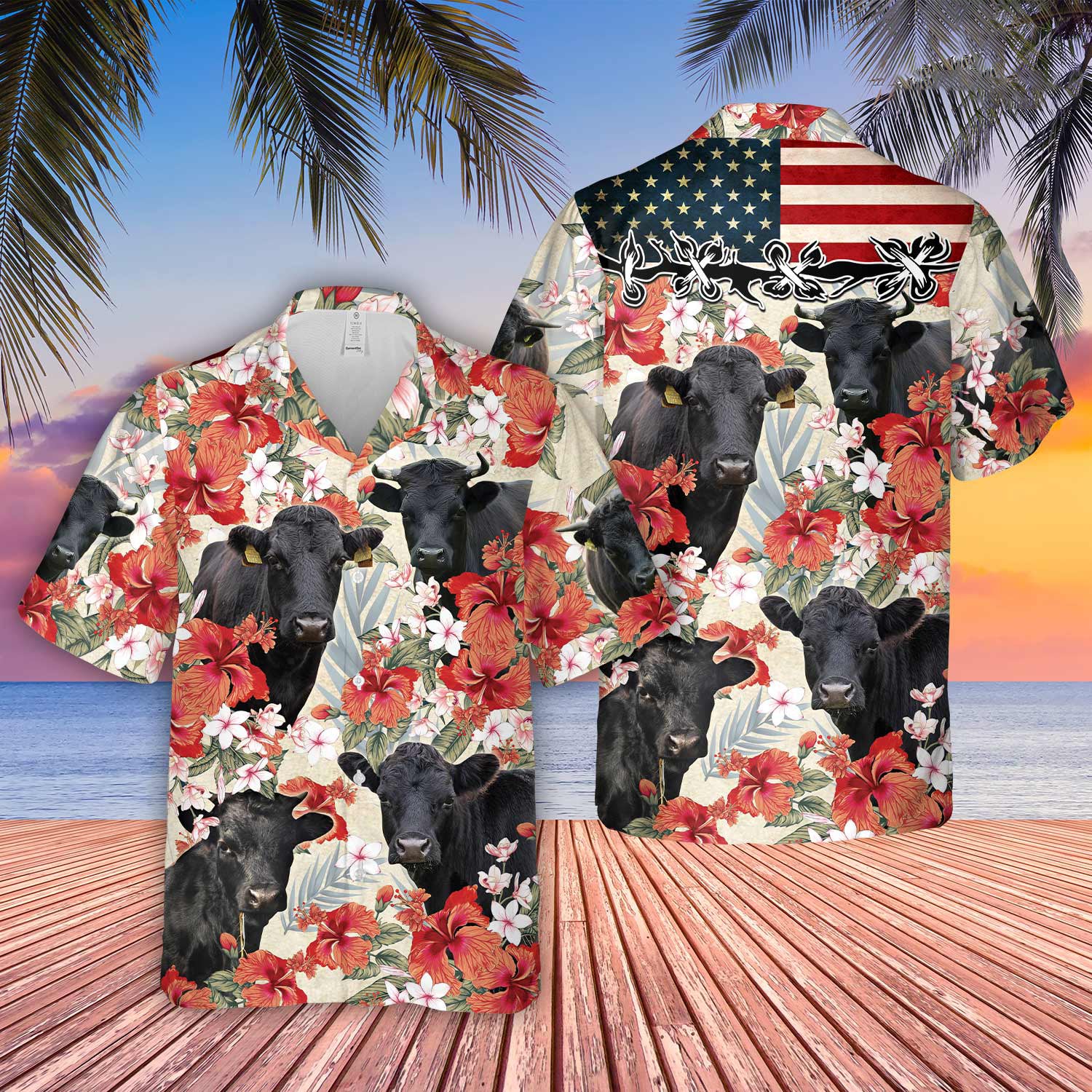 Dexter Hibicus Floral US Flag 3D Hawaiian Shirt
