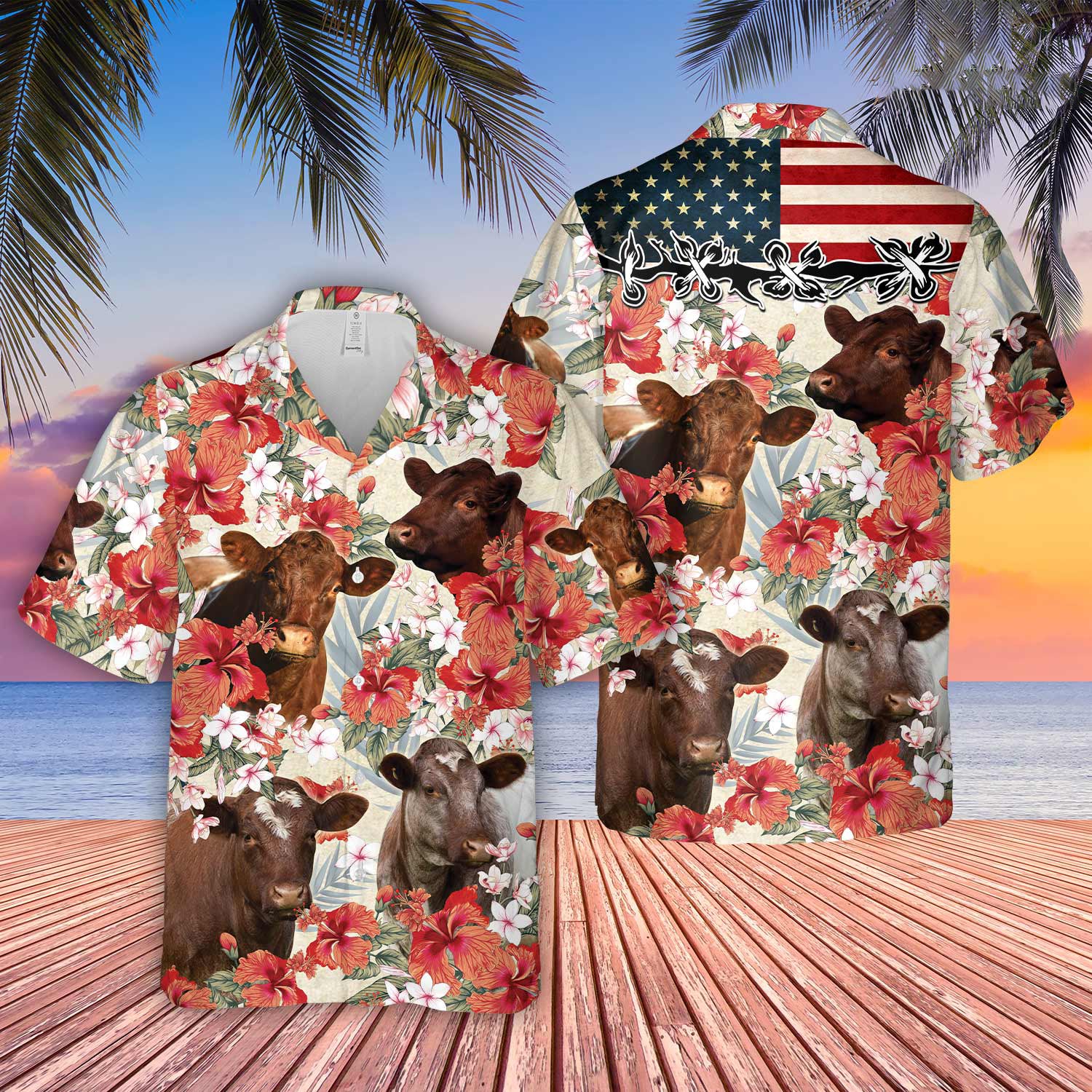 Shorthorn Hibicus Floral US Flag 3D Hawaiian Shirt