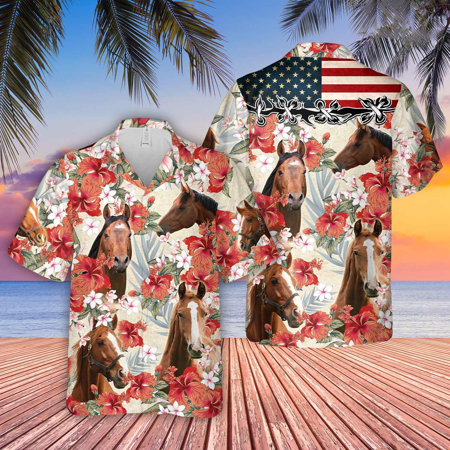 Horse Hibicus Floral US Flag 3D Hawaiian Shirt