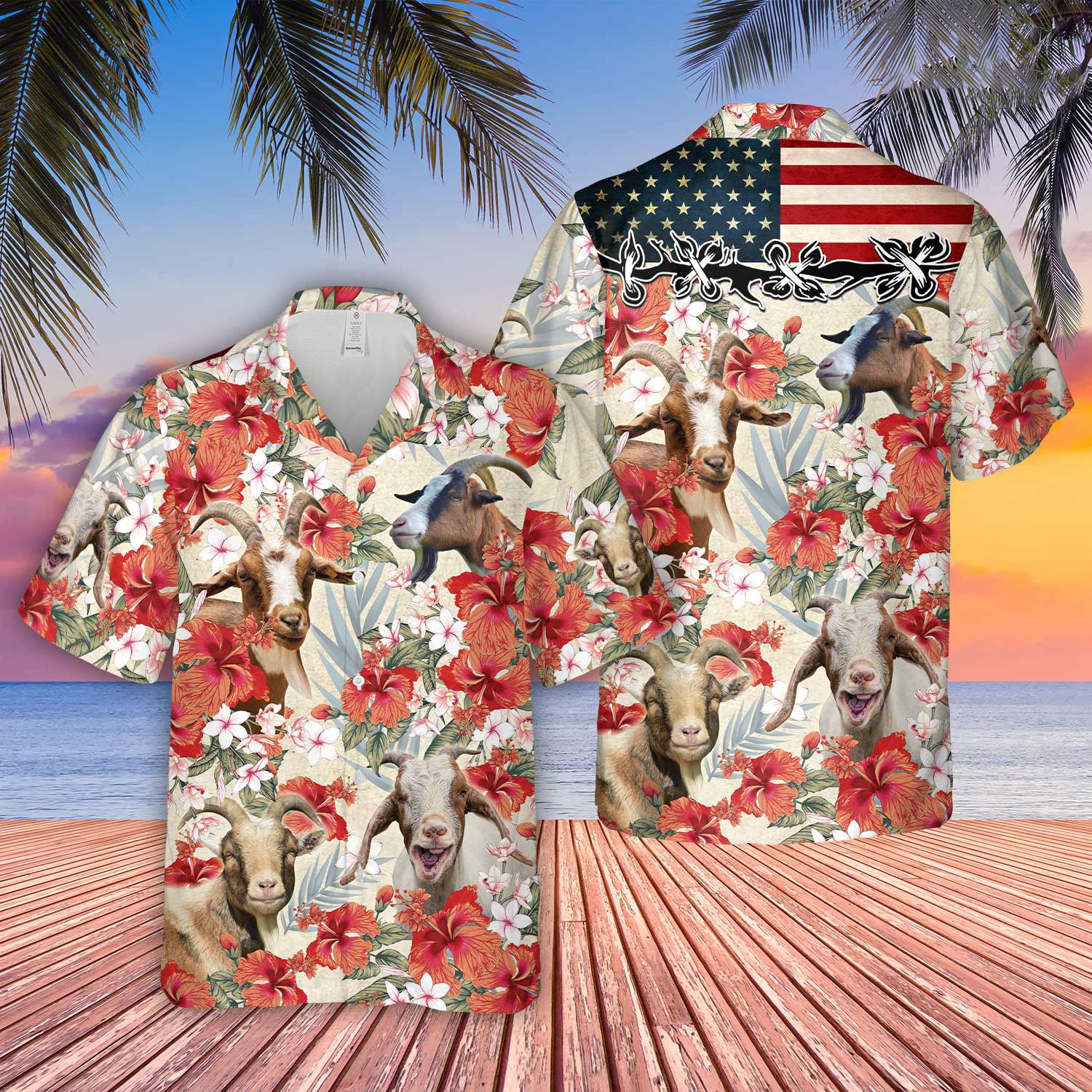 Goat Hibicus Floral US Flag 3D Hawaiian Shirt