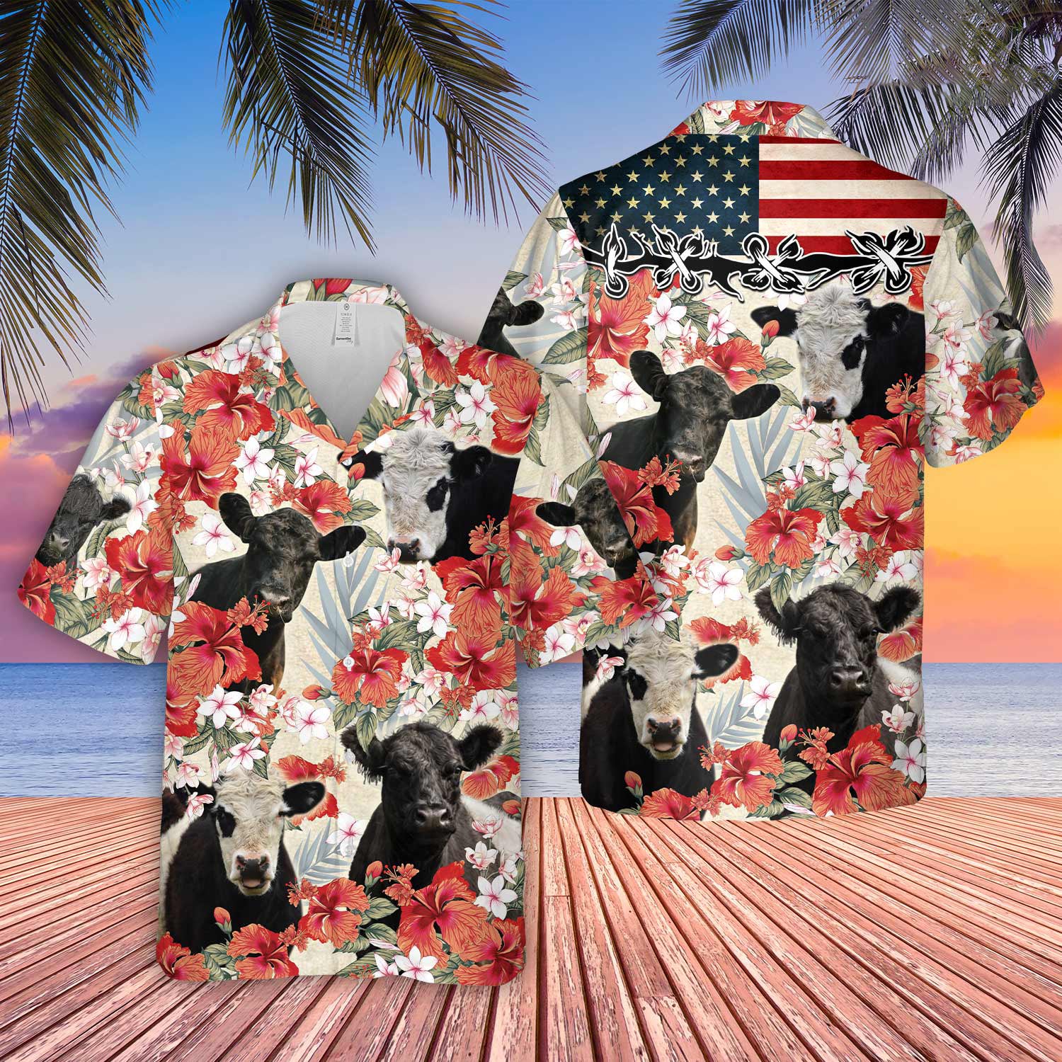 Belted Galloway Hibicus Floral US Flag 3D Hawaiian Shirt