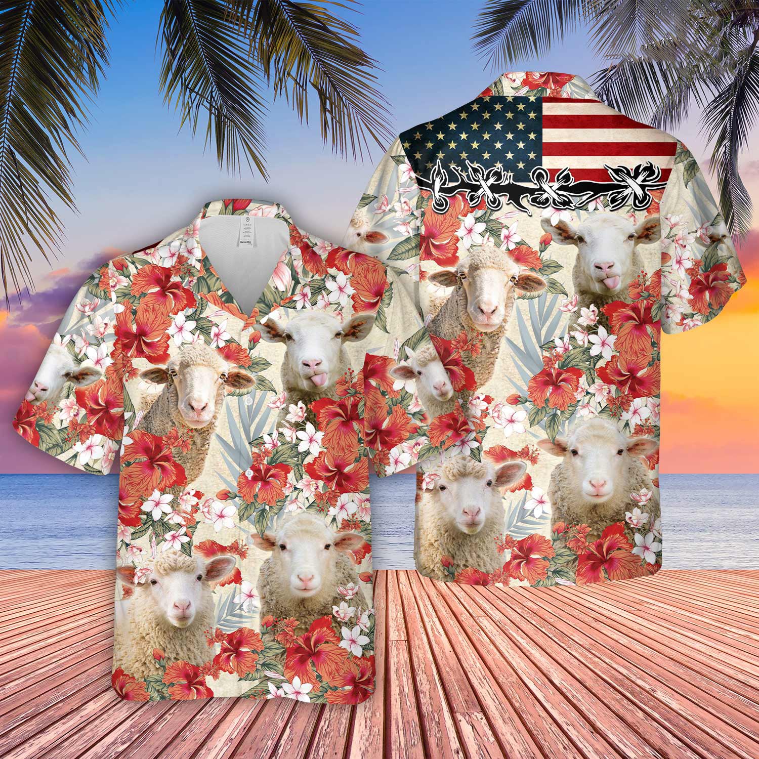 Sheep Hibicus Floral US Flag 3D Hawaiian Shirt