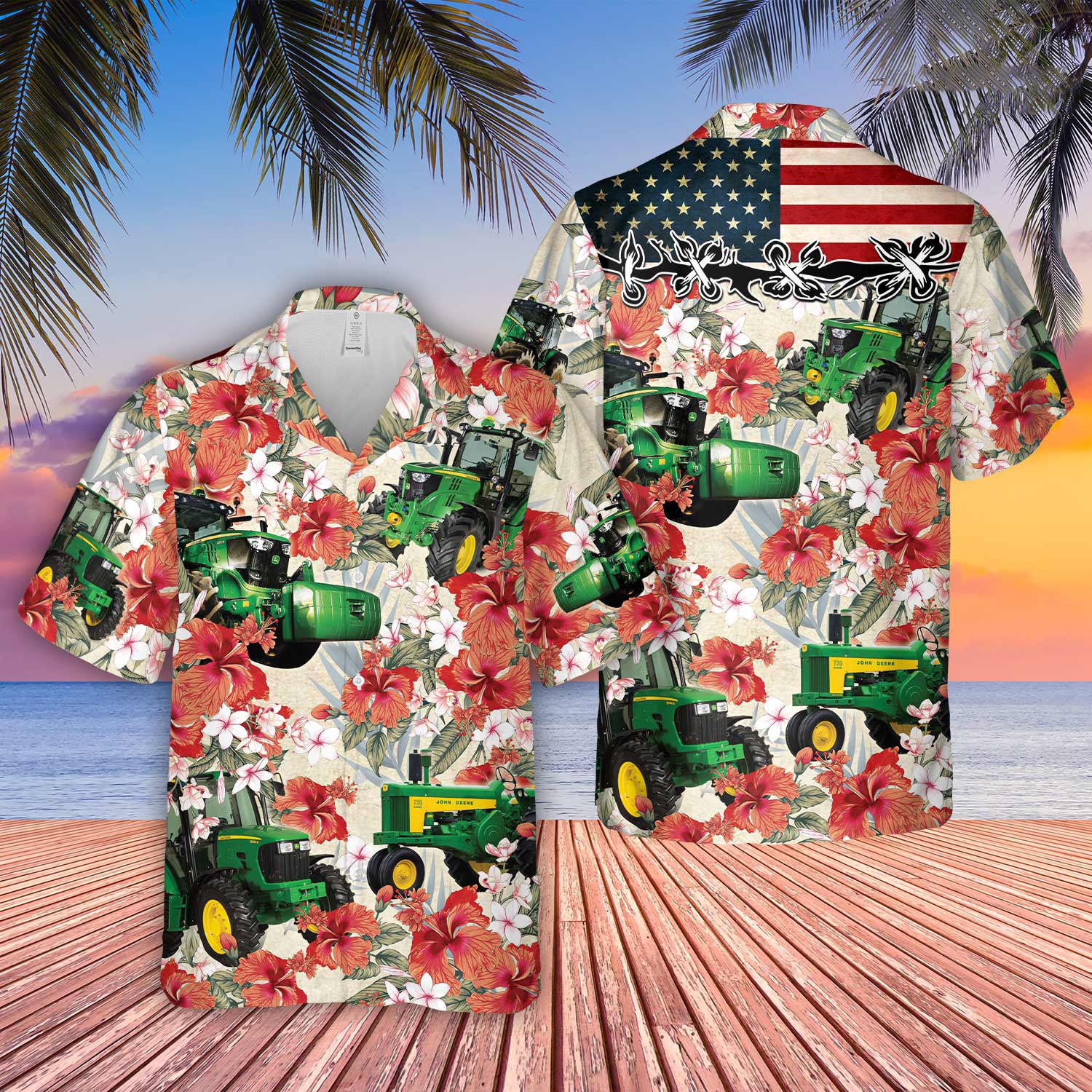 Tractor Hibicus Floral US Flag 3D Hawaiian Shirt