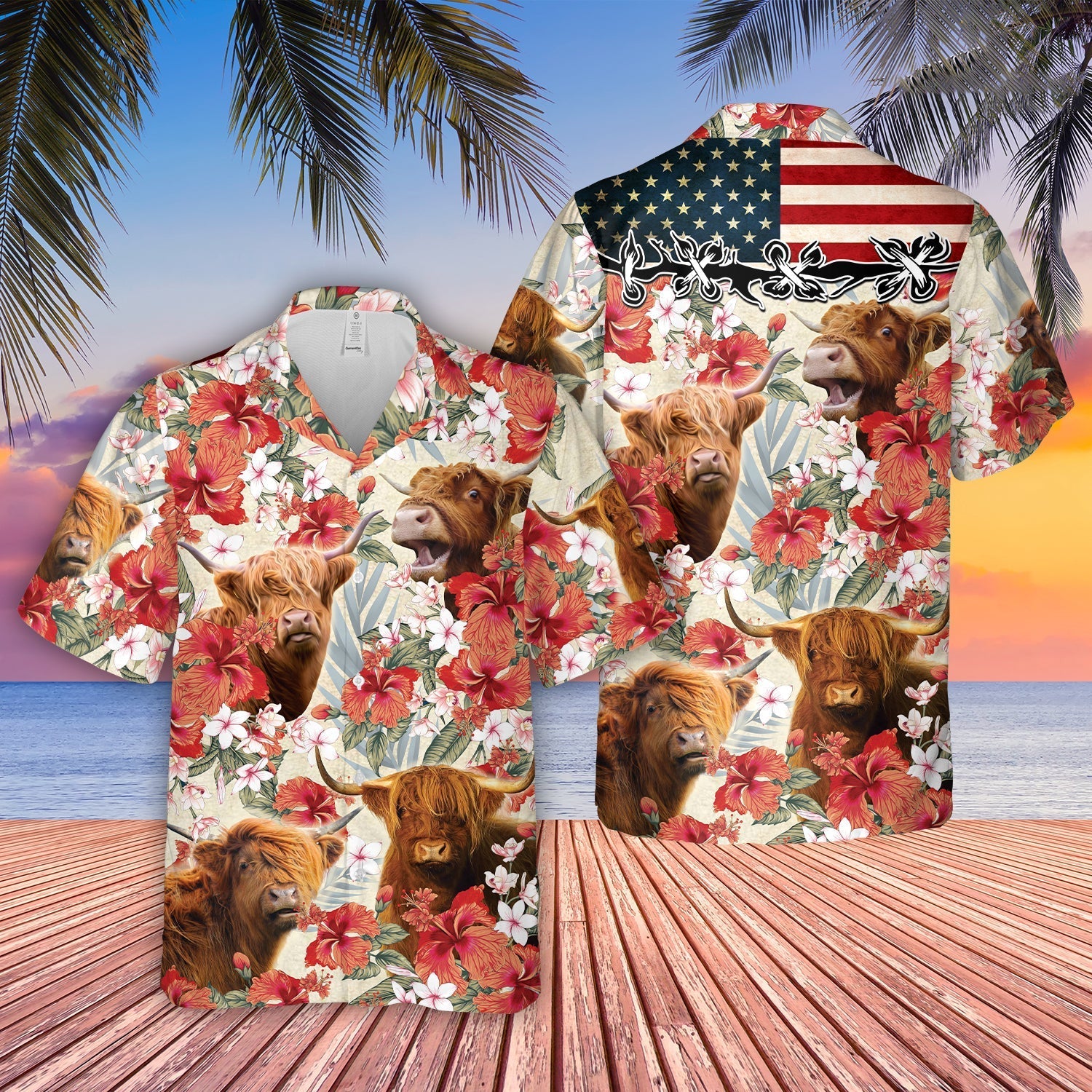 Highland Hibicus Floral US Flag 3D Hawaiian Shirt