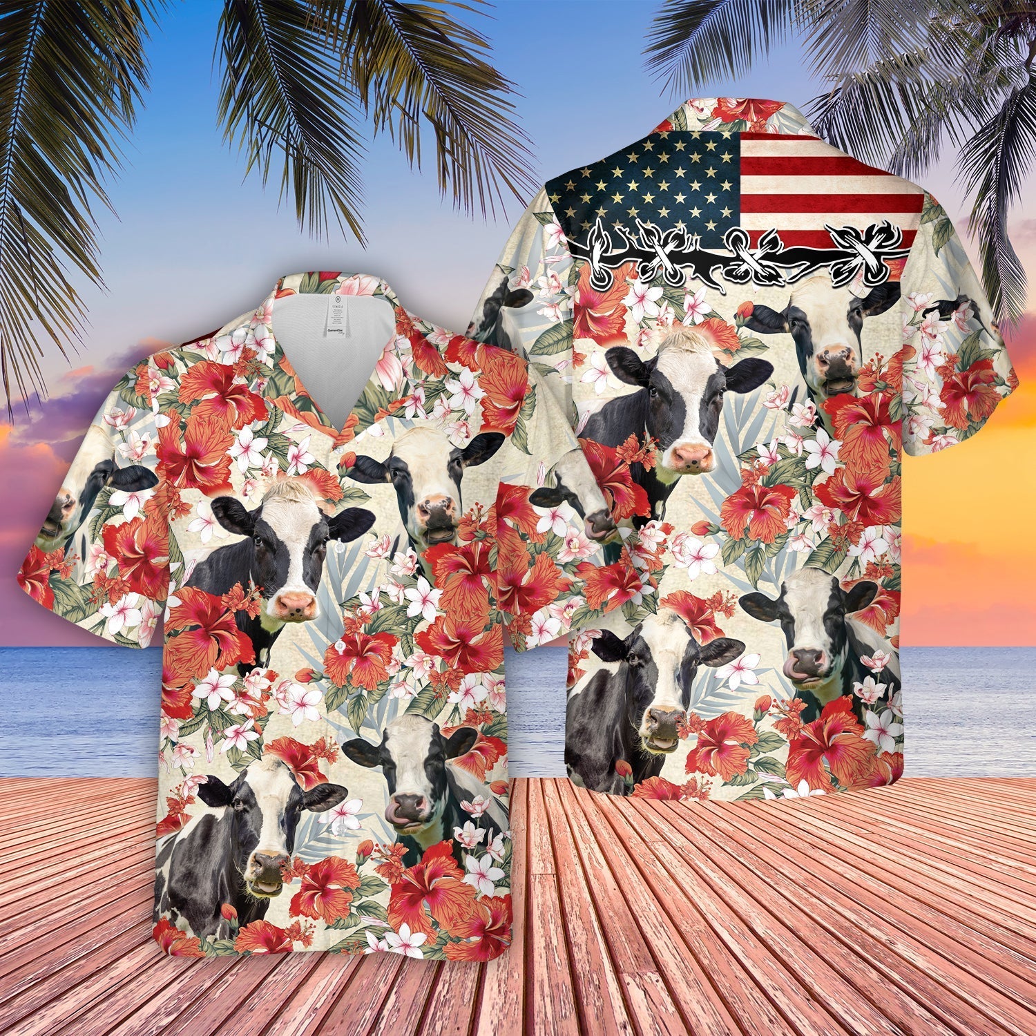 Holstein Hibicus Floral US Flag 3D Hawaiian Shirt