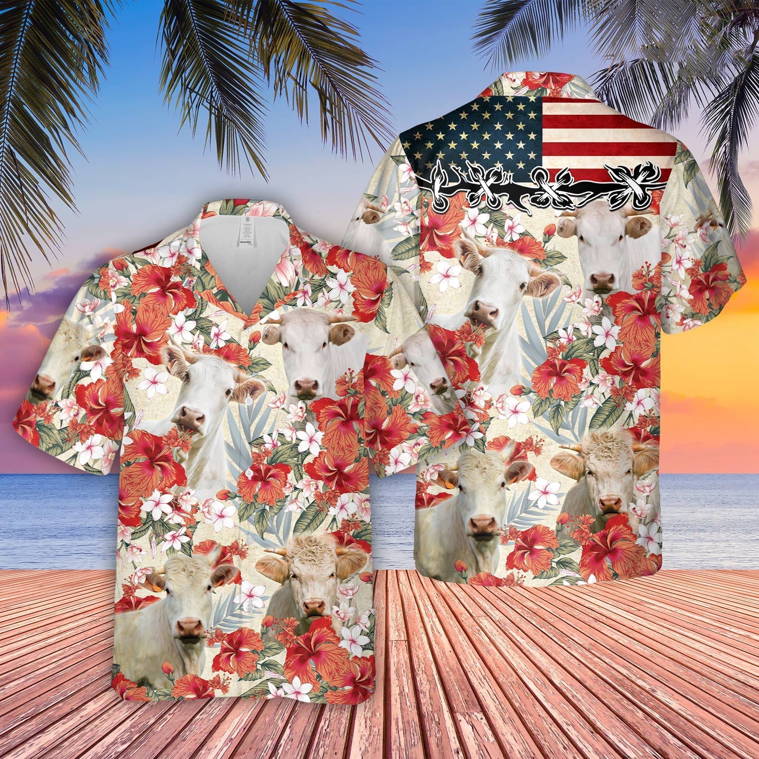 Charolais Hibicus Floral US Flag 3D Hawaiian Shirt